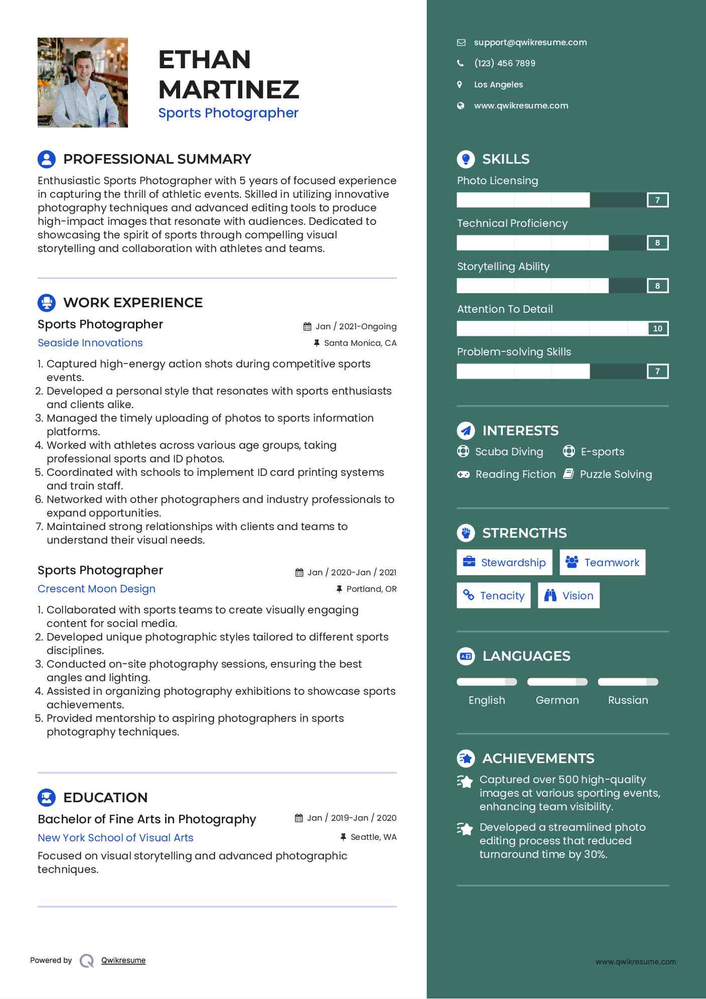 Sports Photographer Resume Format