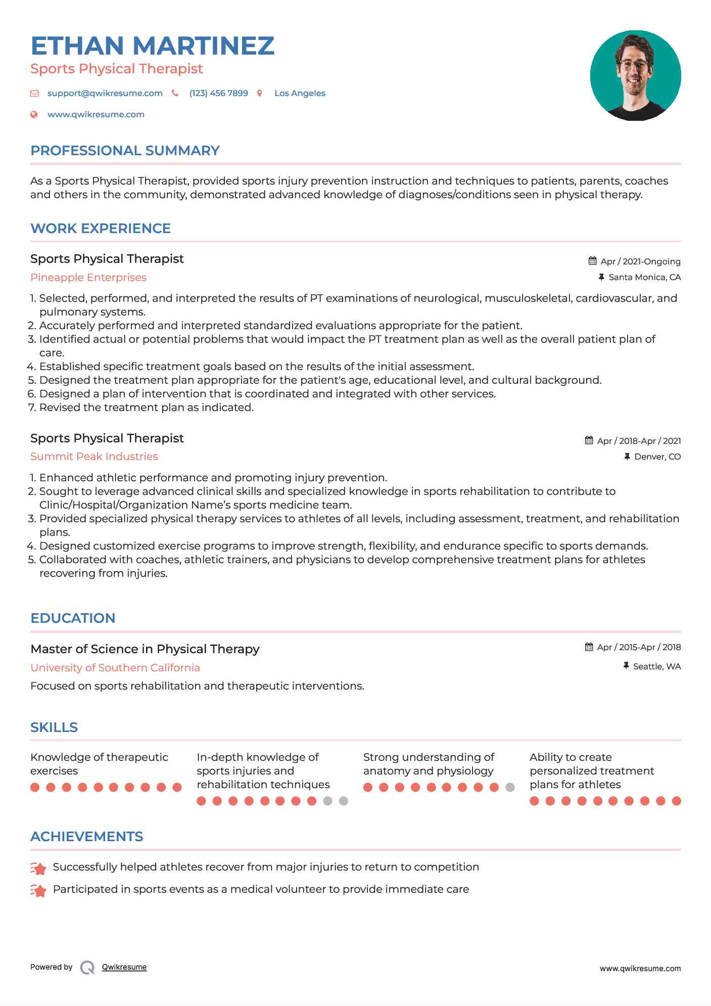 Sports Physical Therapist Resume Model