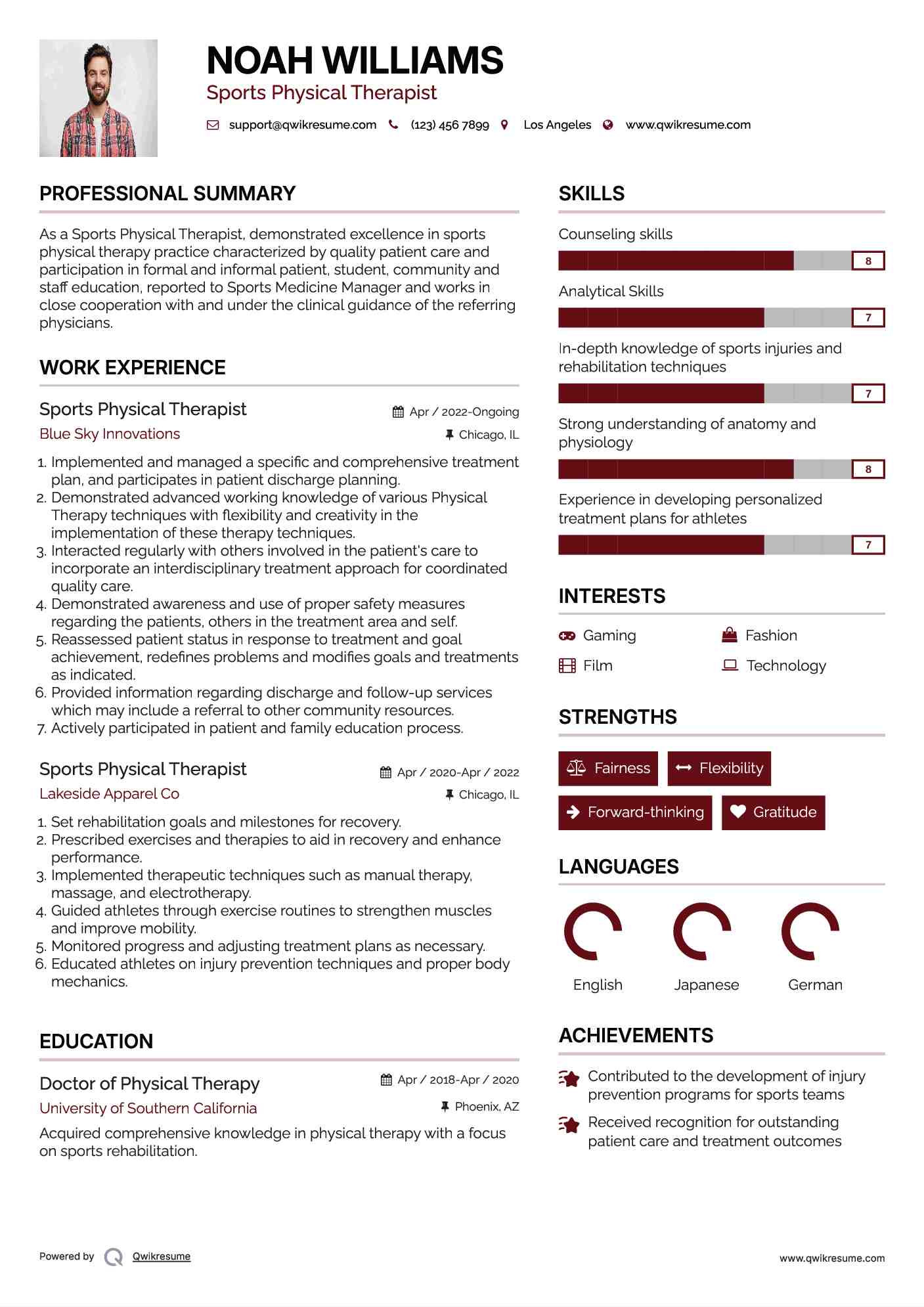 Sports Physical Therapist Resume Sample