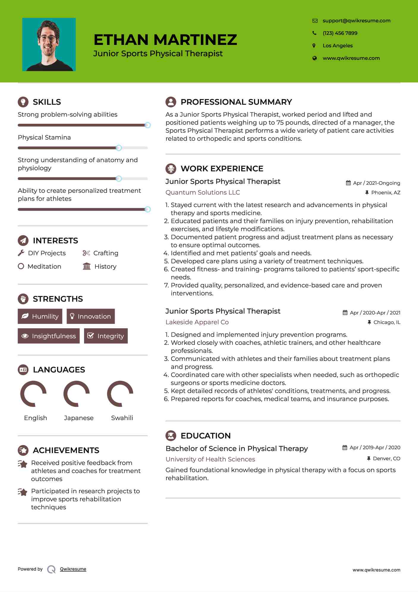 Junior Sports Physical Therapist Resume Template