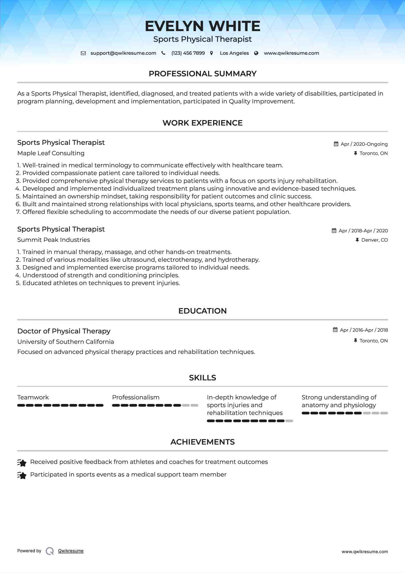 Sports Physical Therapist Resume Model