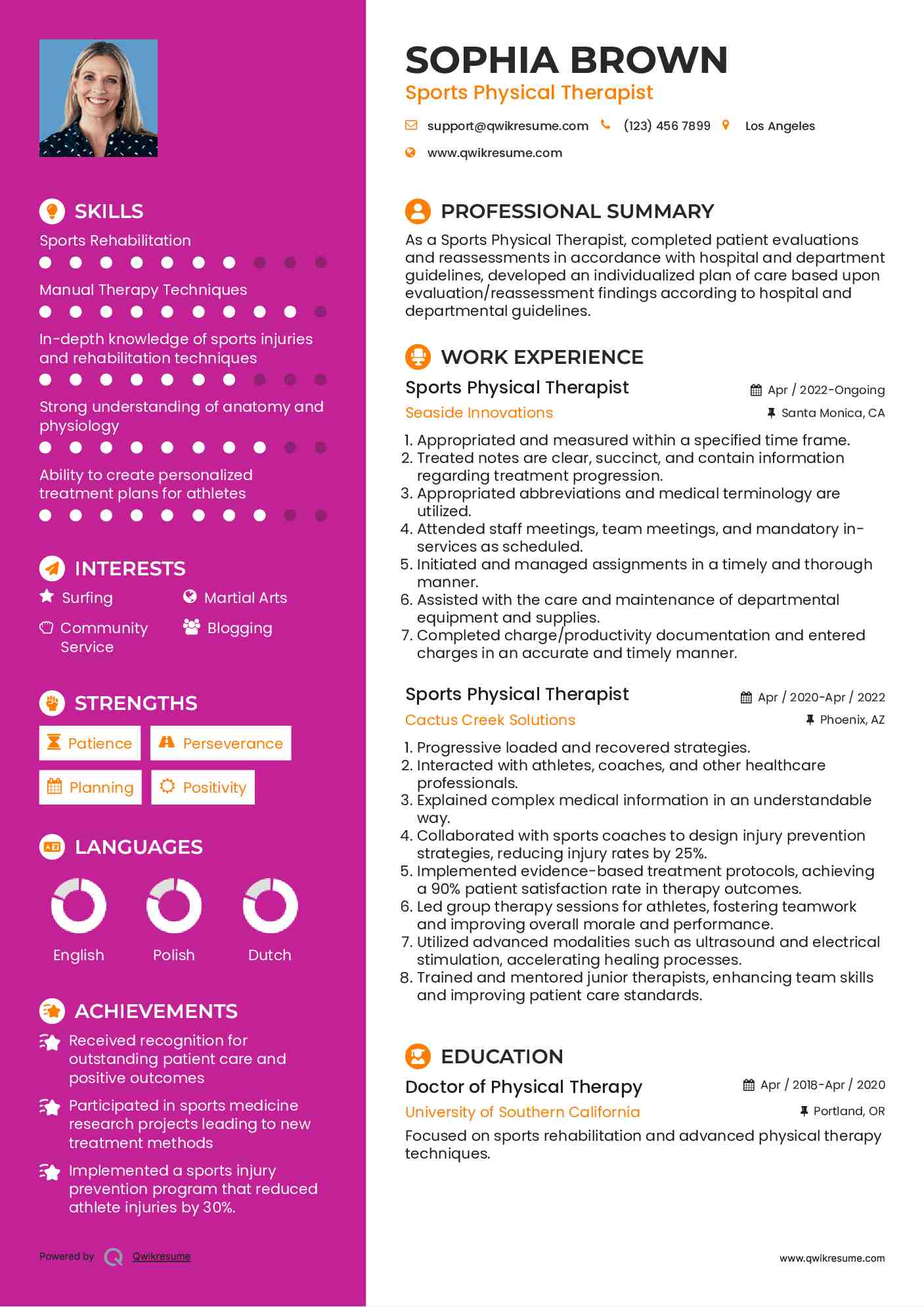 Sports Physical Therapist Resume Example