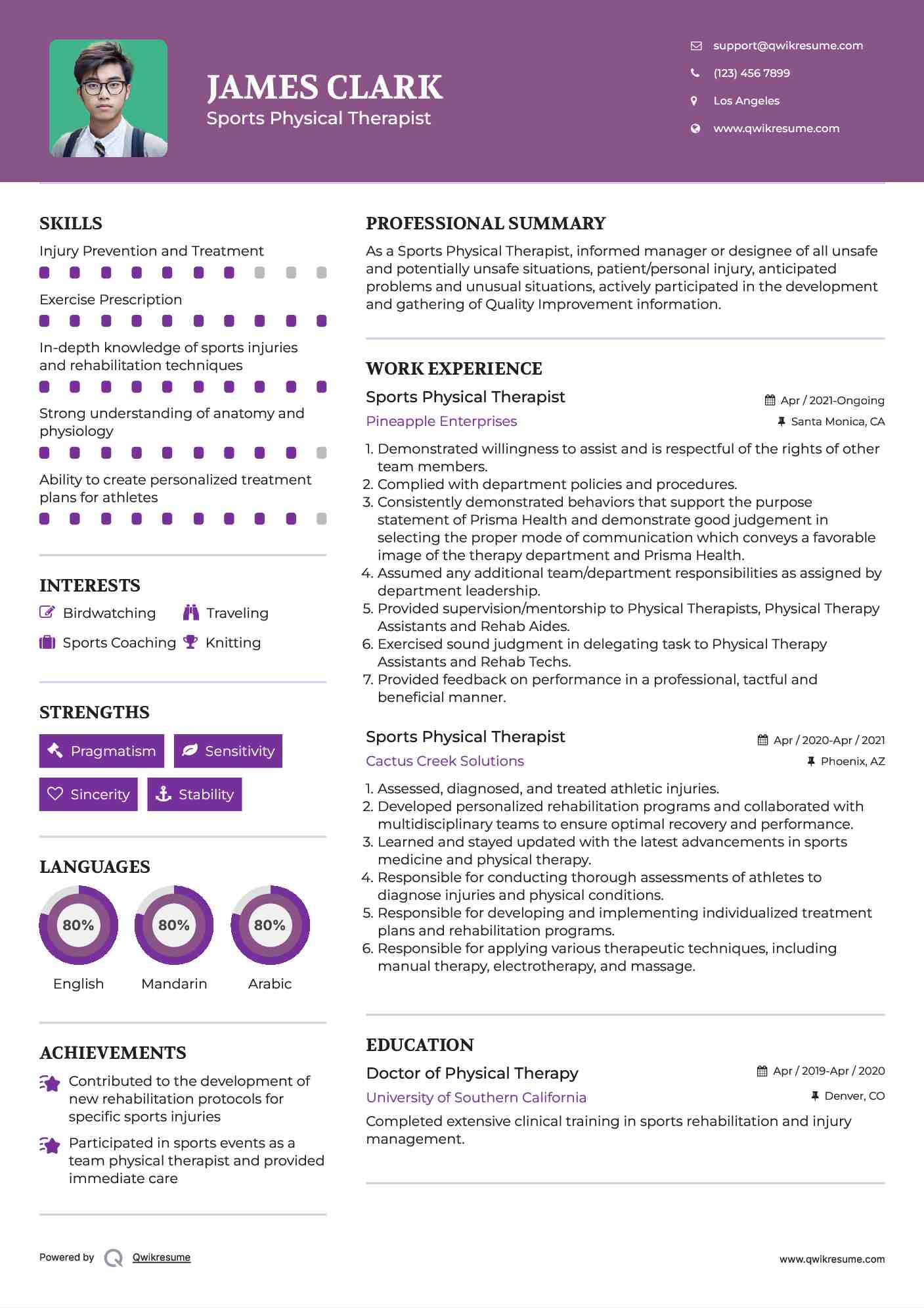 Sports Physical Therapist Resume Sample