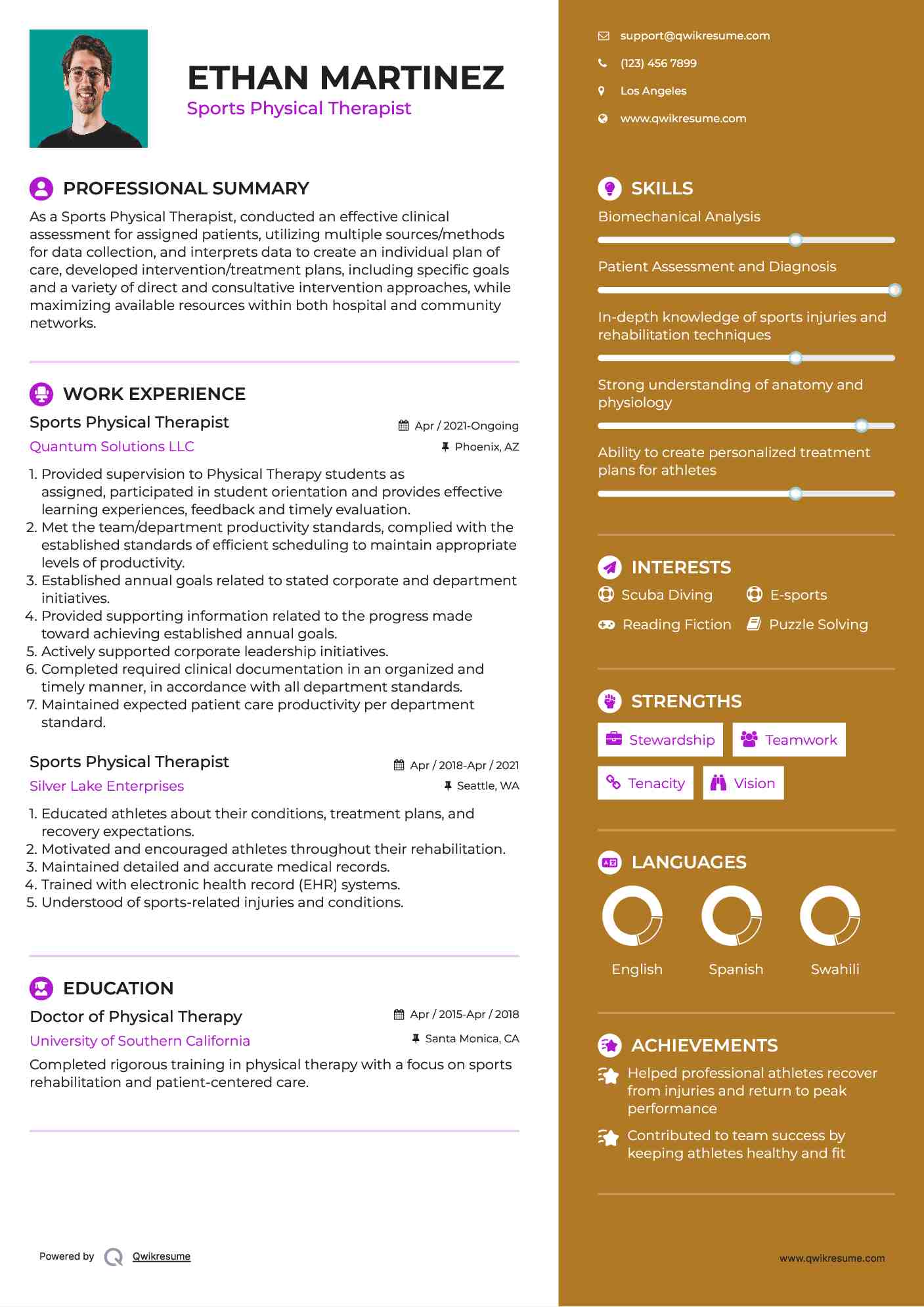 Sports Physical Therapist Resume Sample