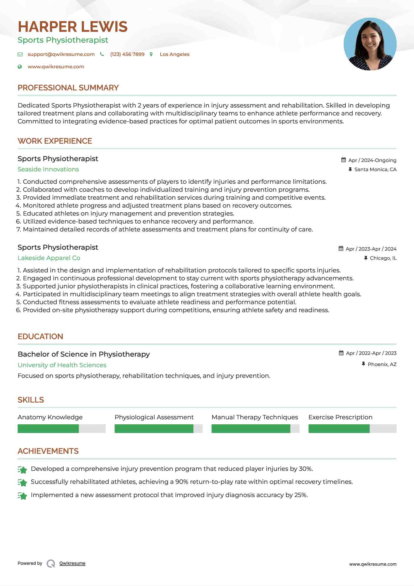 Sports Physiotherapist Resume Example