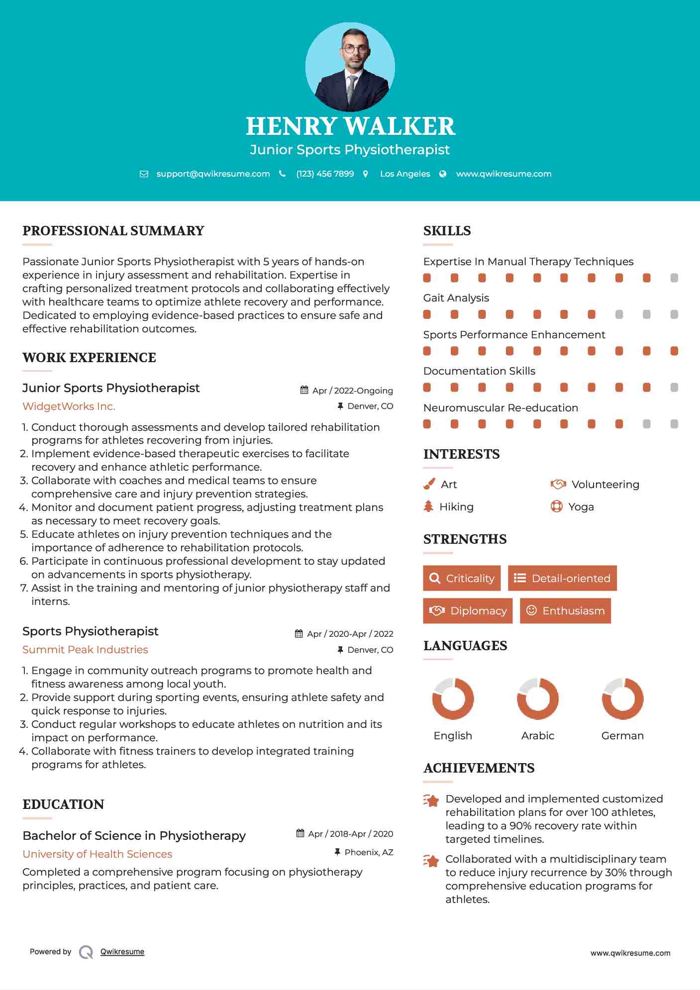 Junior Sports Physiotherapist Resume Example