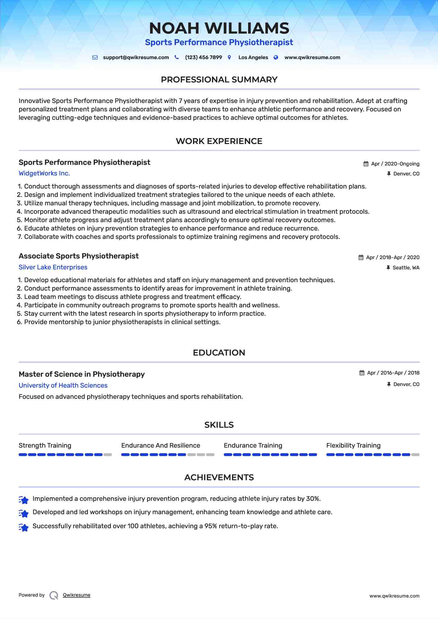 Sports Performance Physiotherapist Resume Template