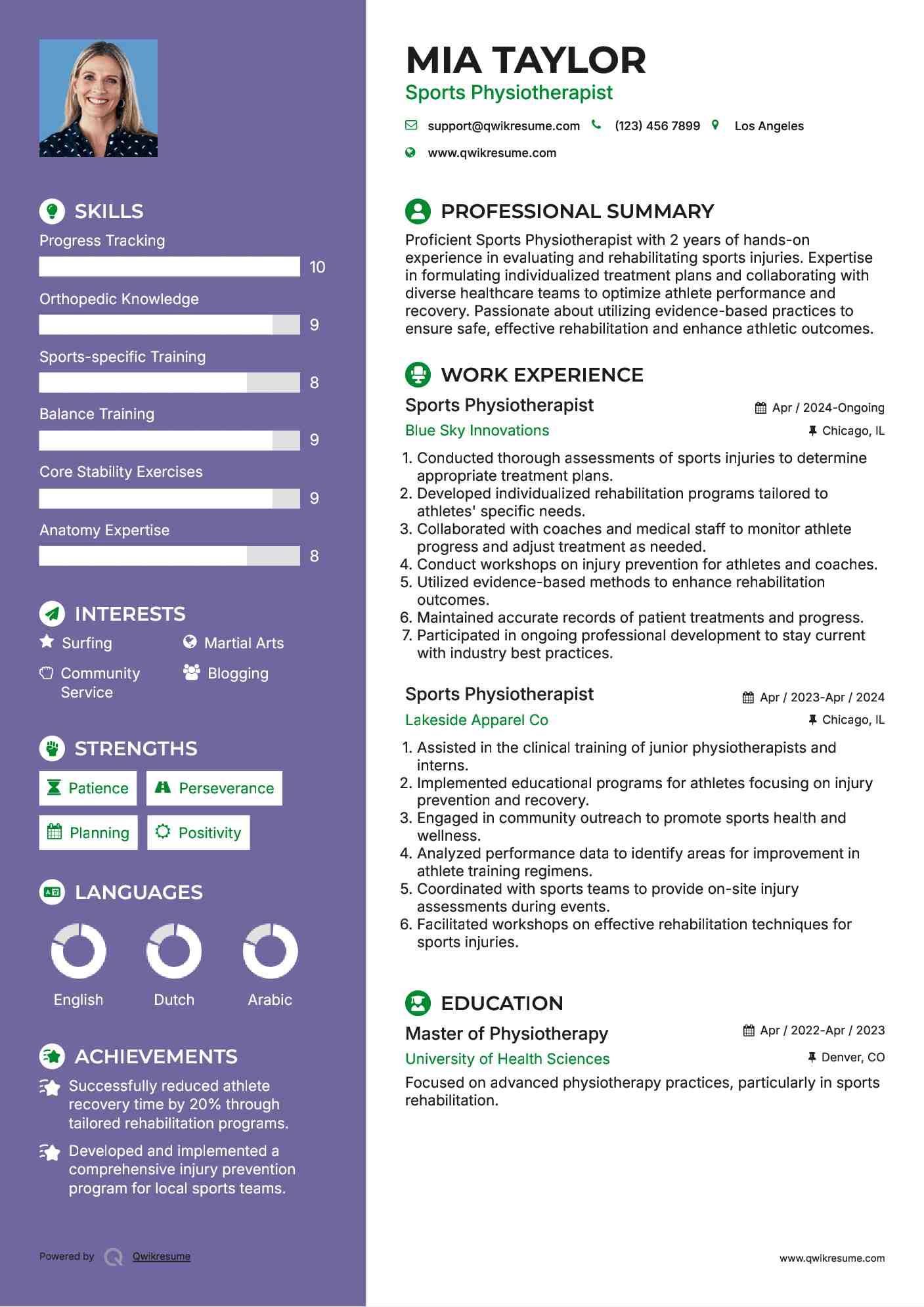 Sports Physiotherapist Resume Format