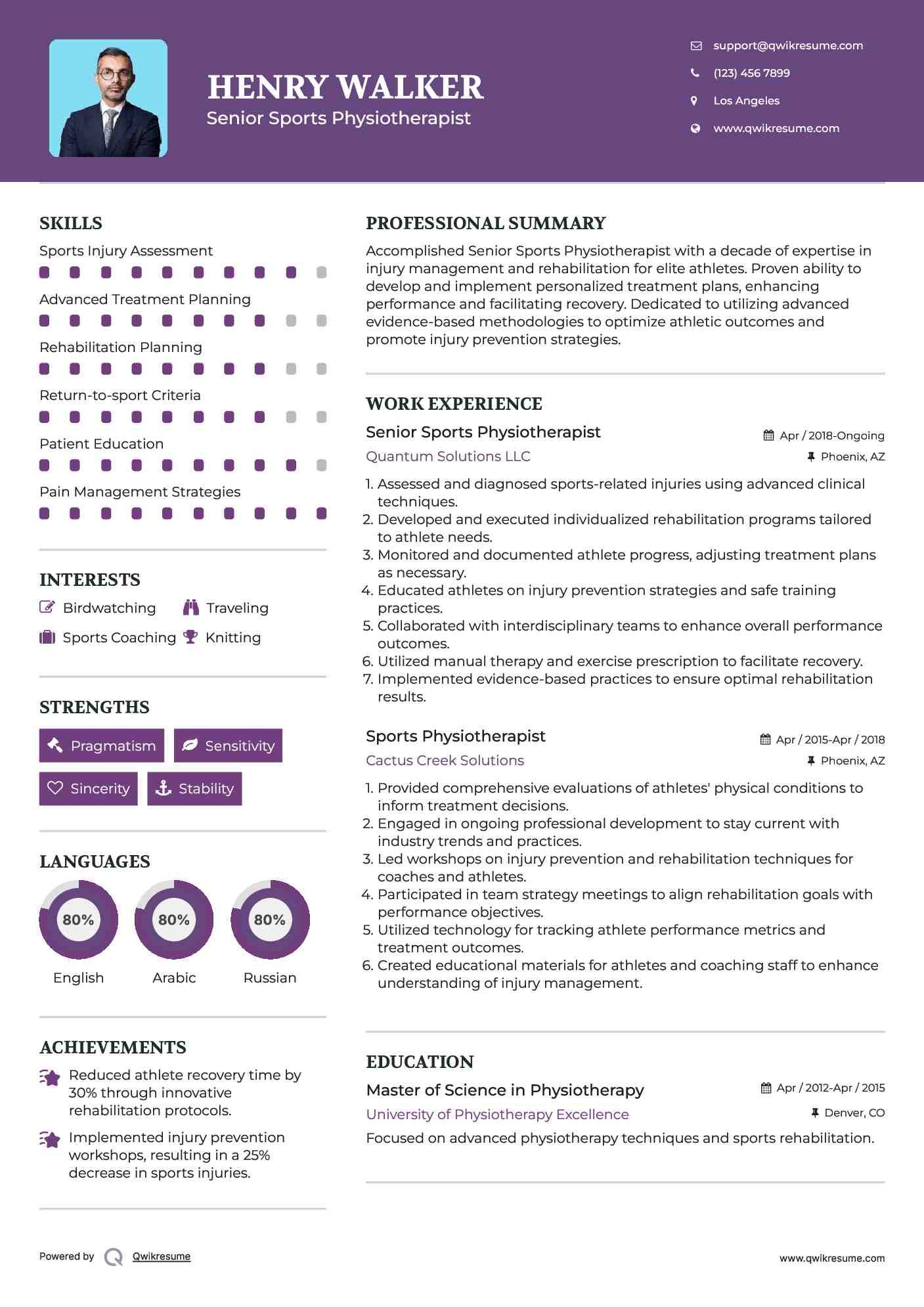 Senior Sports Physiotherapist Resume Example