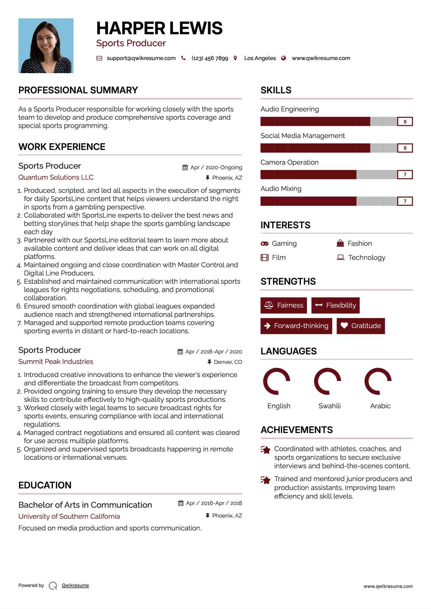 Sports Producer Resume Example