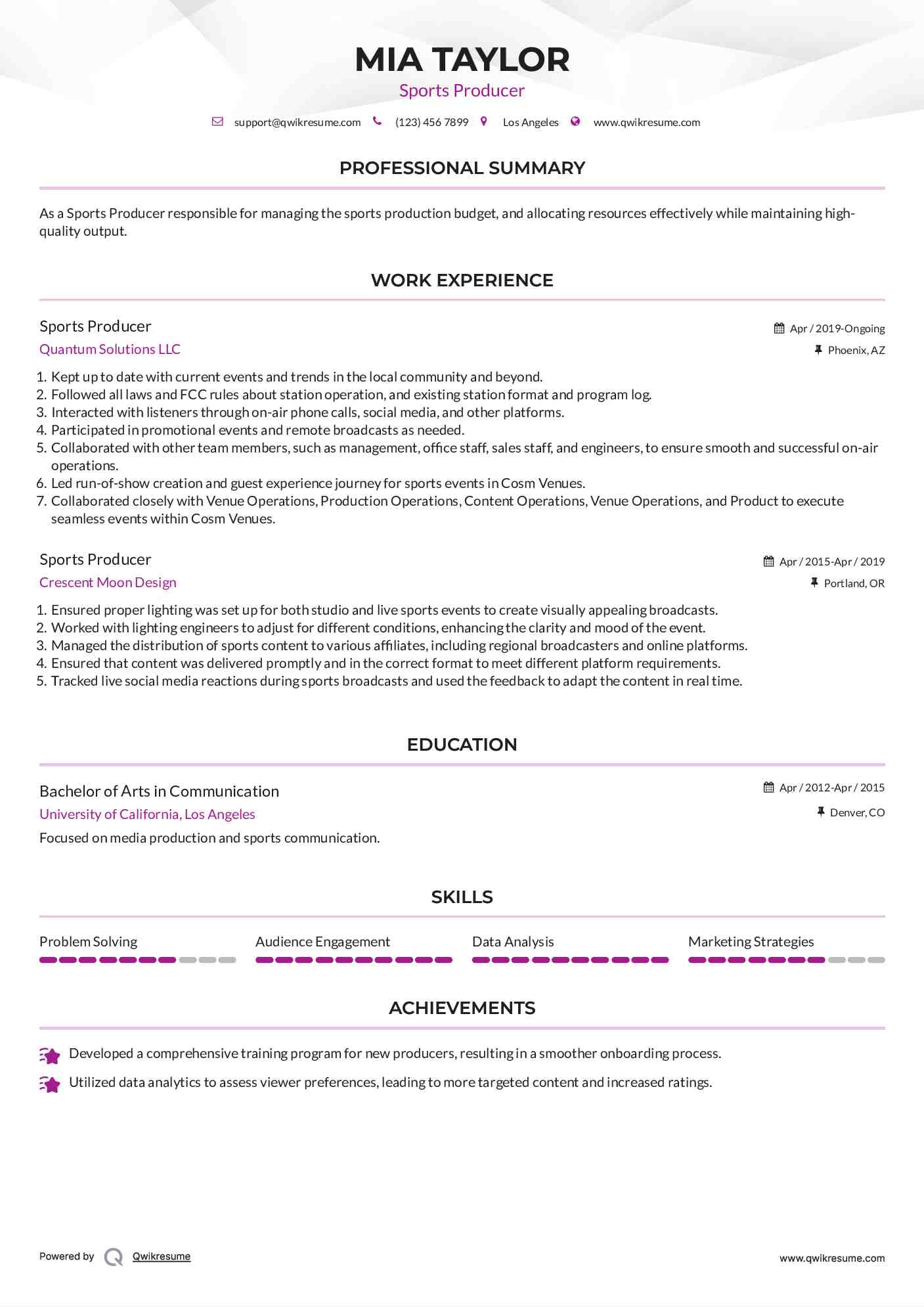 Sports Producer Resume Sample