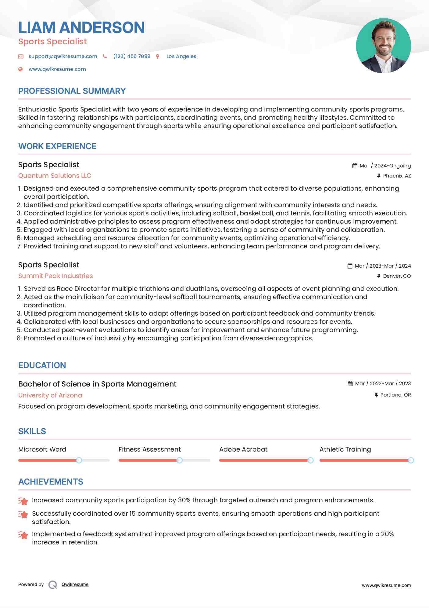 Sports Specialist Resume Example