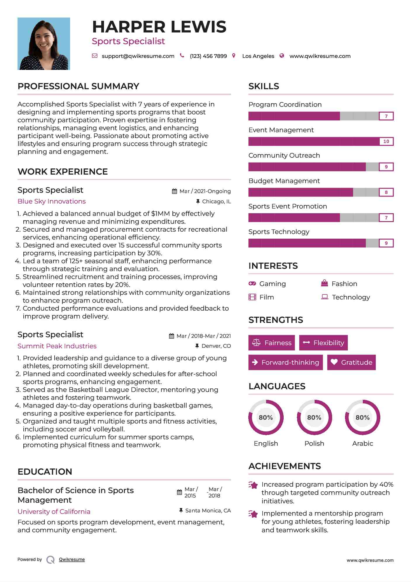 Sports Specialist Resume Sample