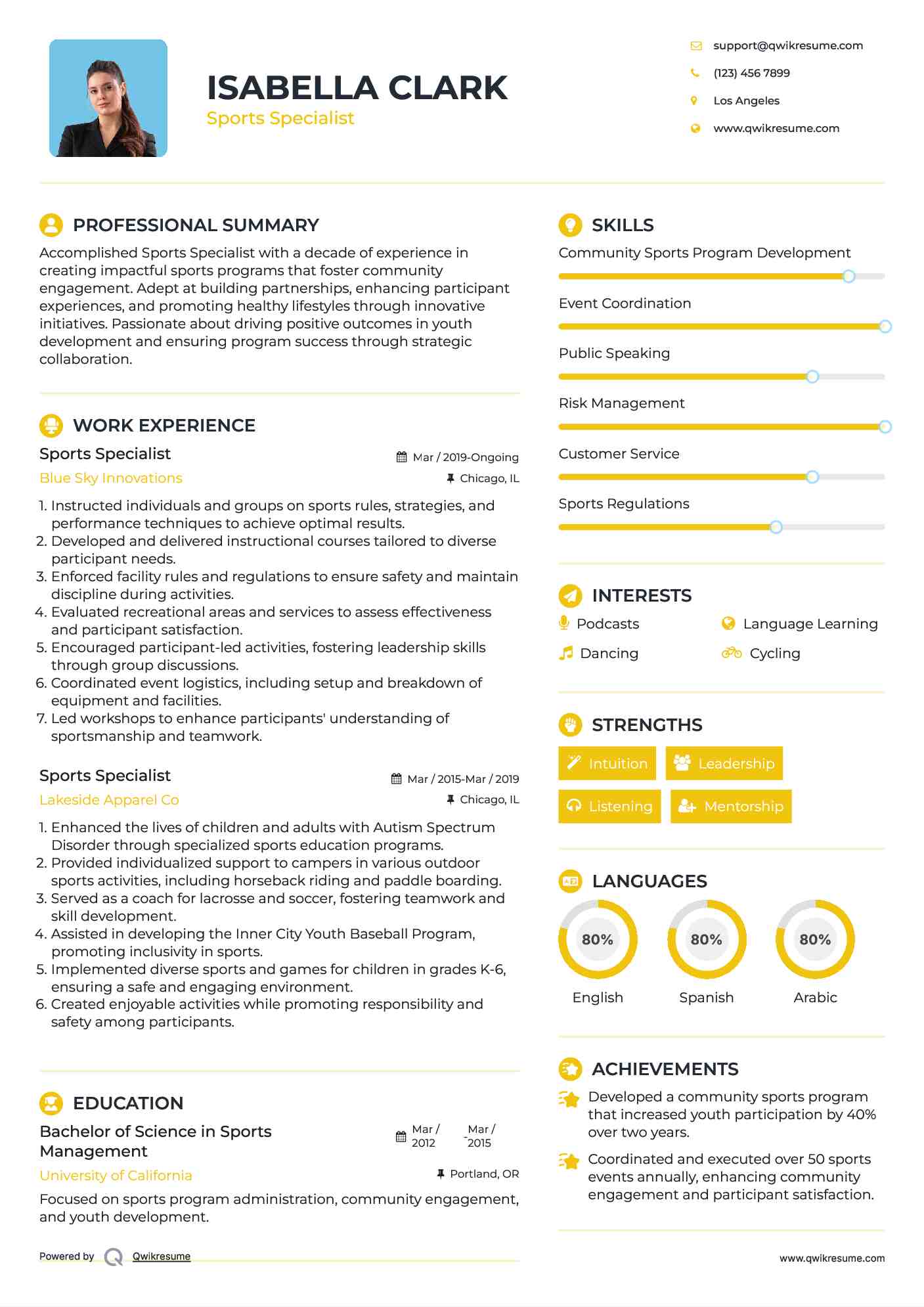 Sports Specialist Resume Model