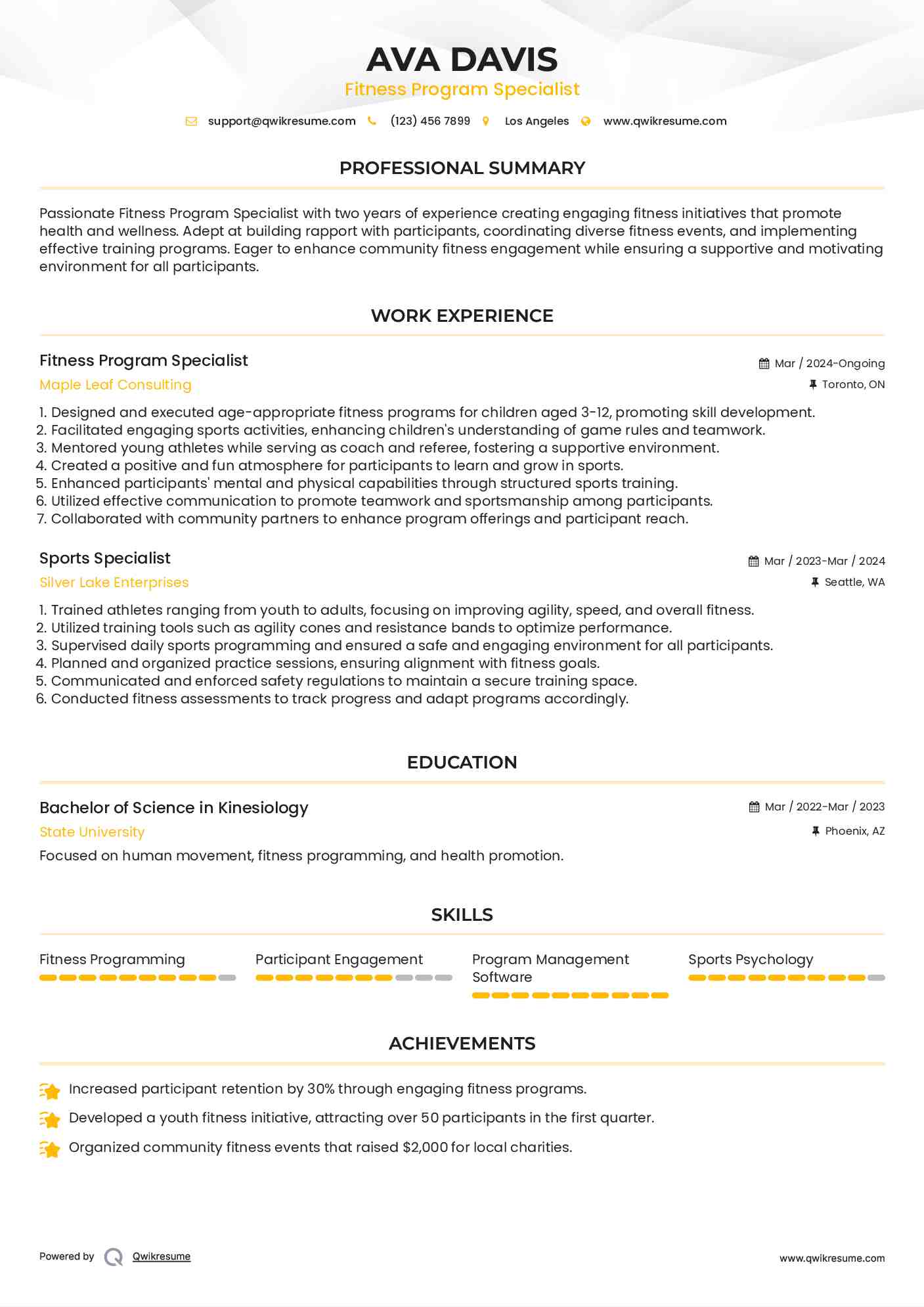 Fitness Program Specialist Resume Format