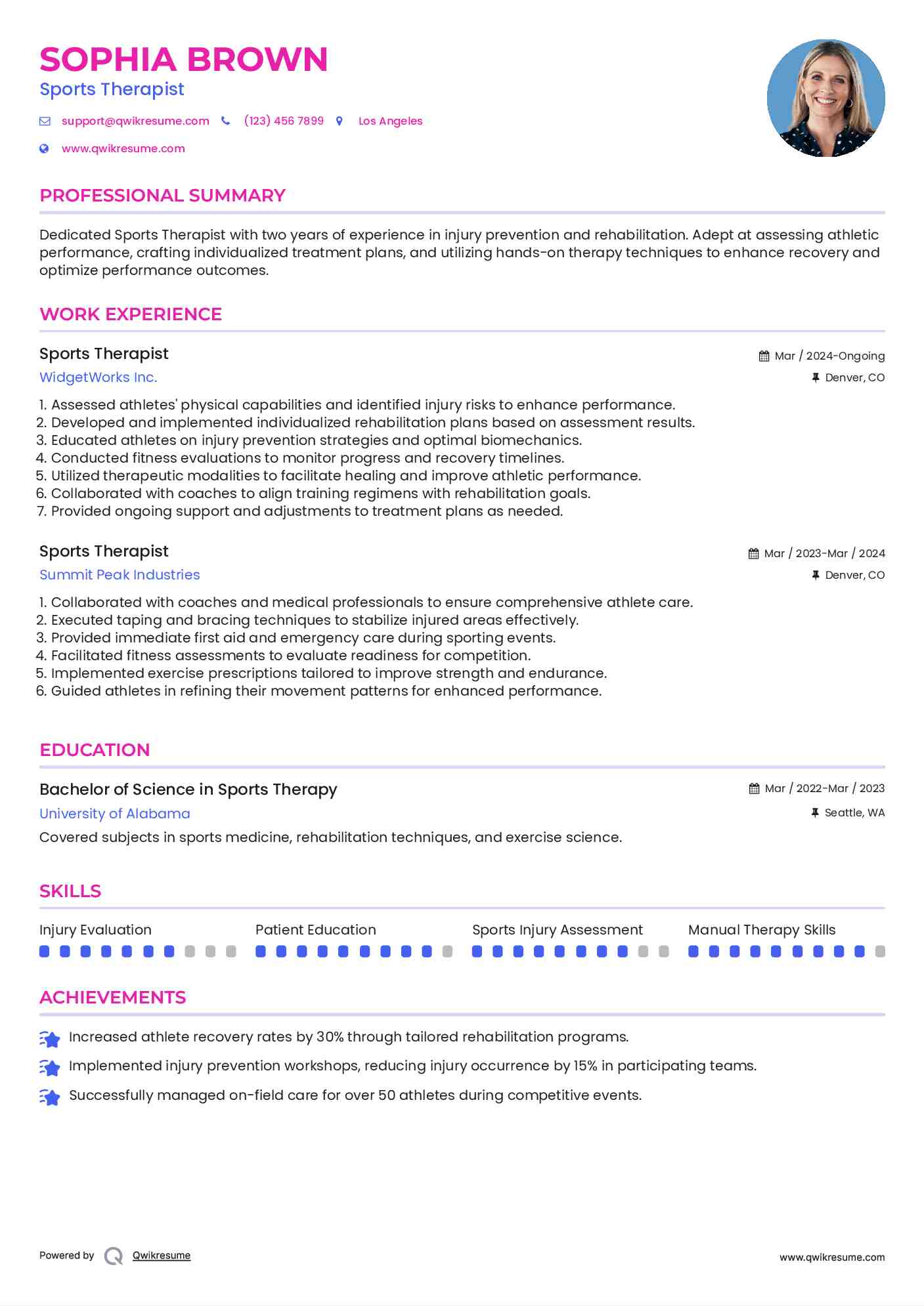 Sports Therapist Resume Example