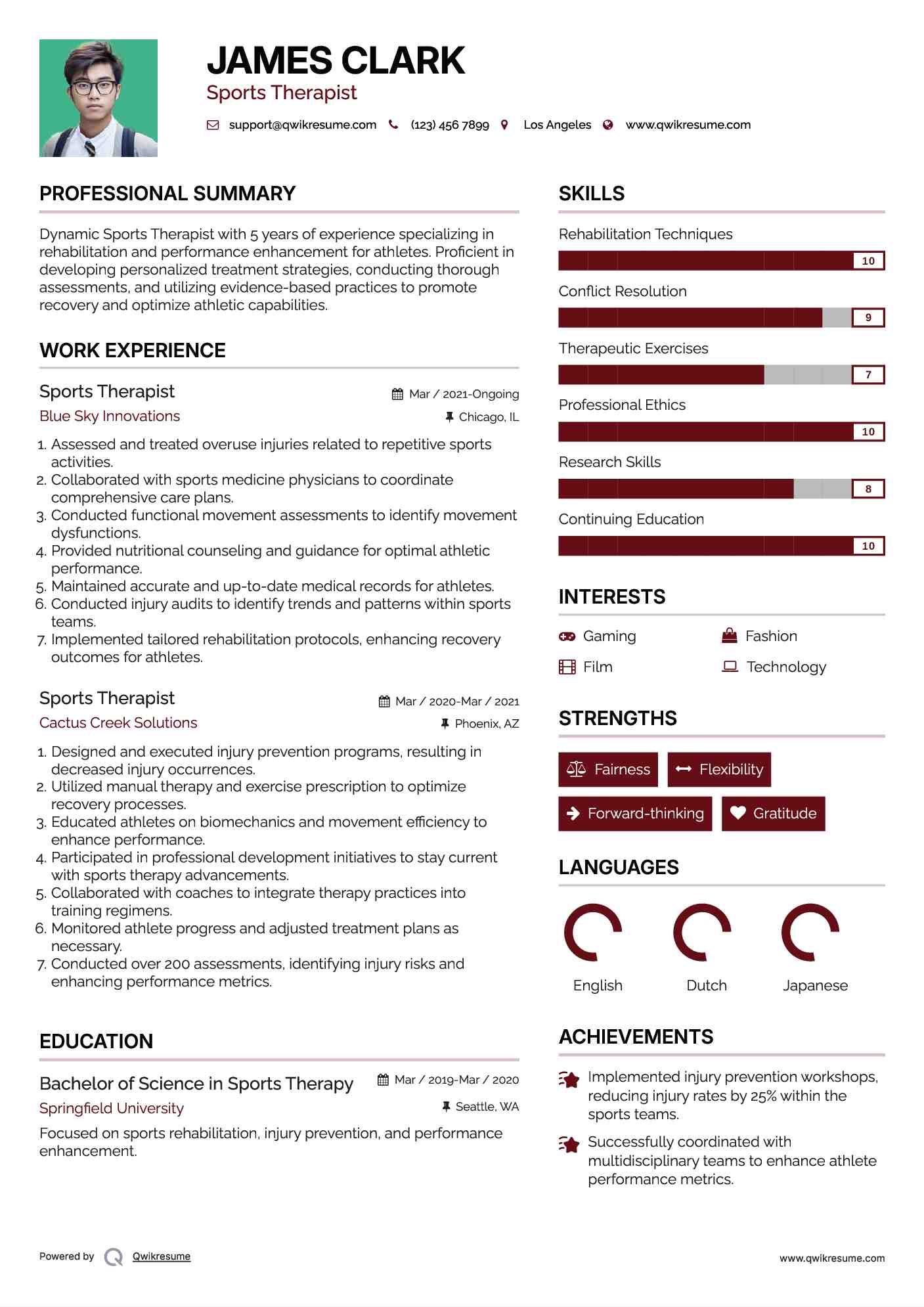Sports Therapist Resume Format