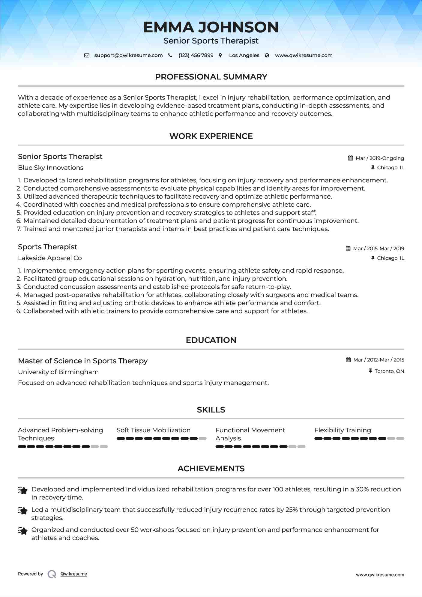Senior Sports Therapist Resume Template