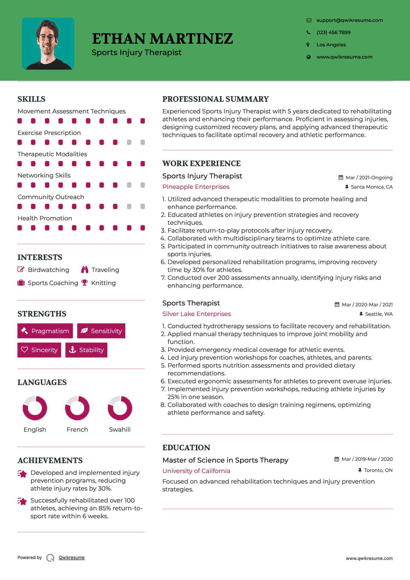 Sports Injury Therapist Resume Model