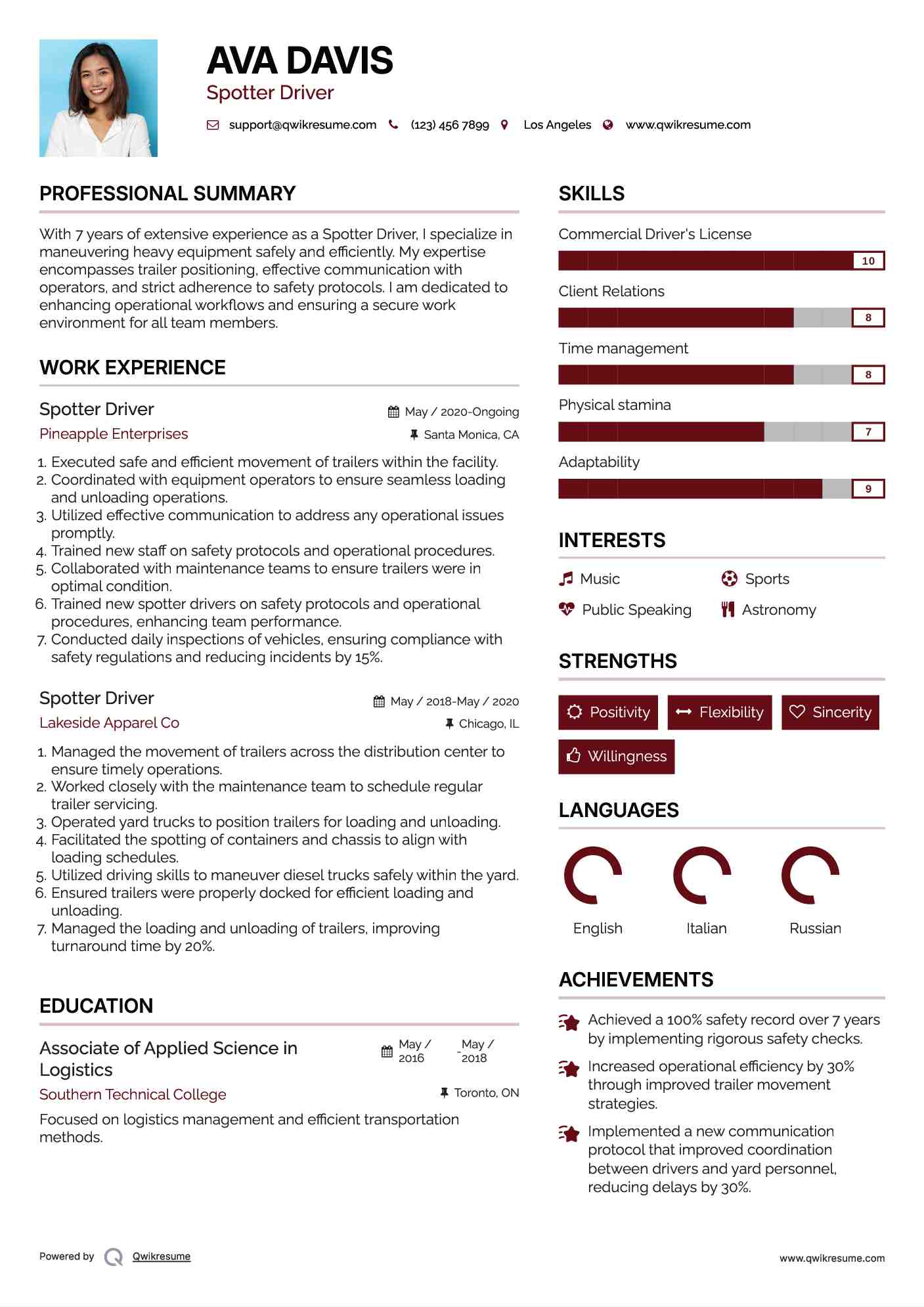 Spotter Driver Resume Example