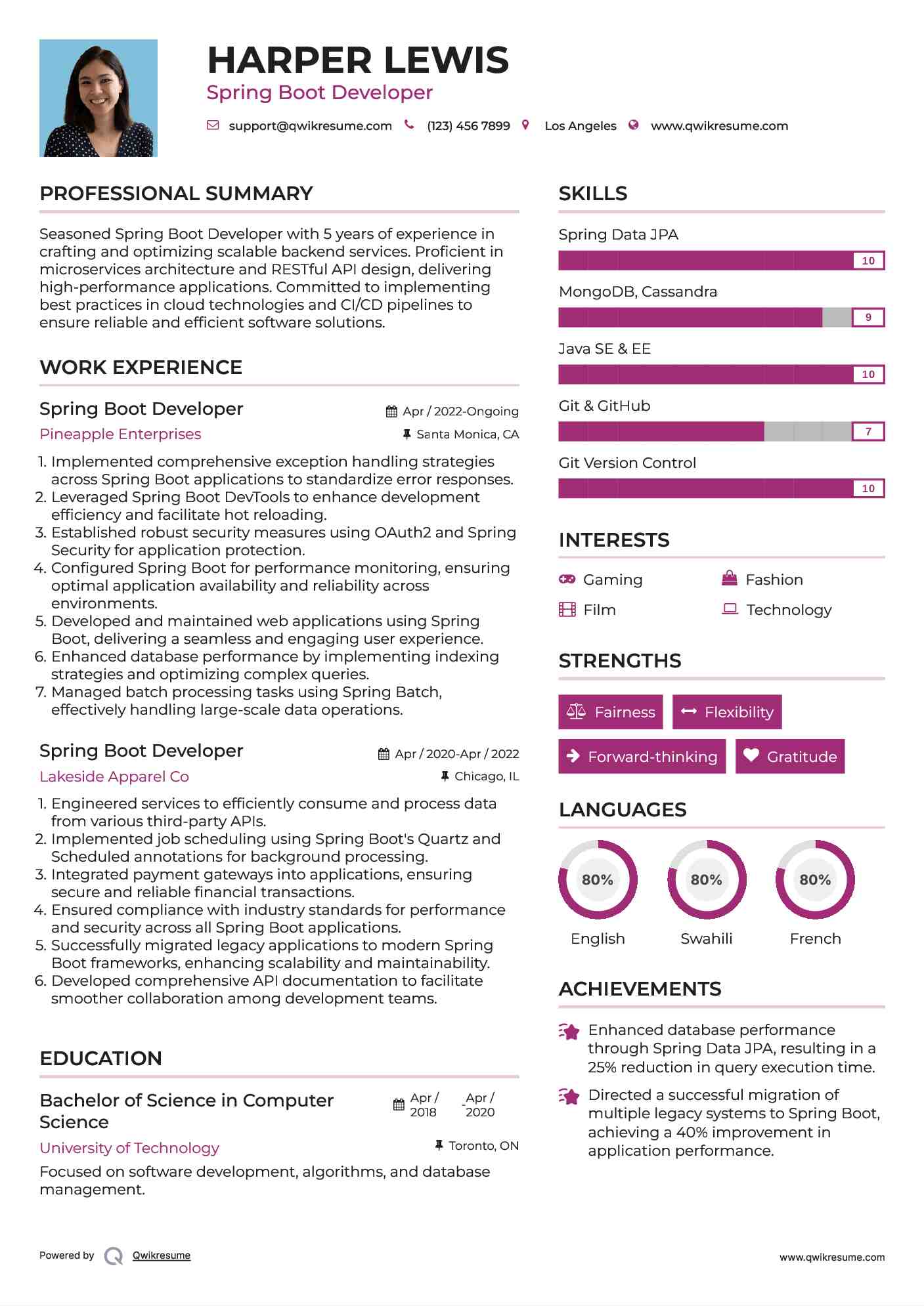 Spring Boot Developer Resume Example