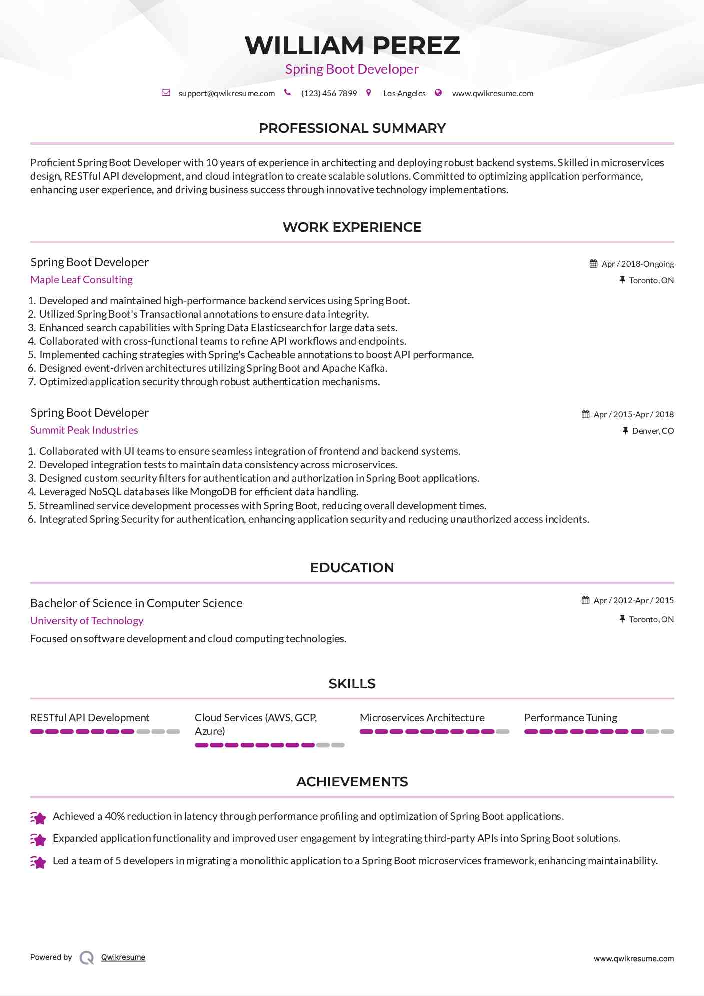 Spring Boot Developer Resume Format