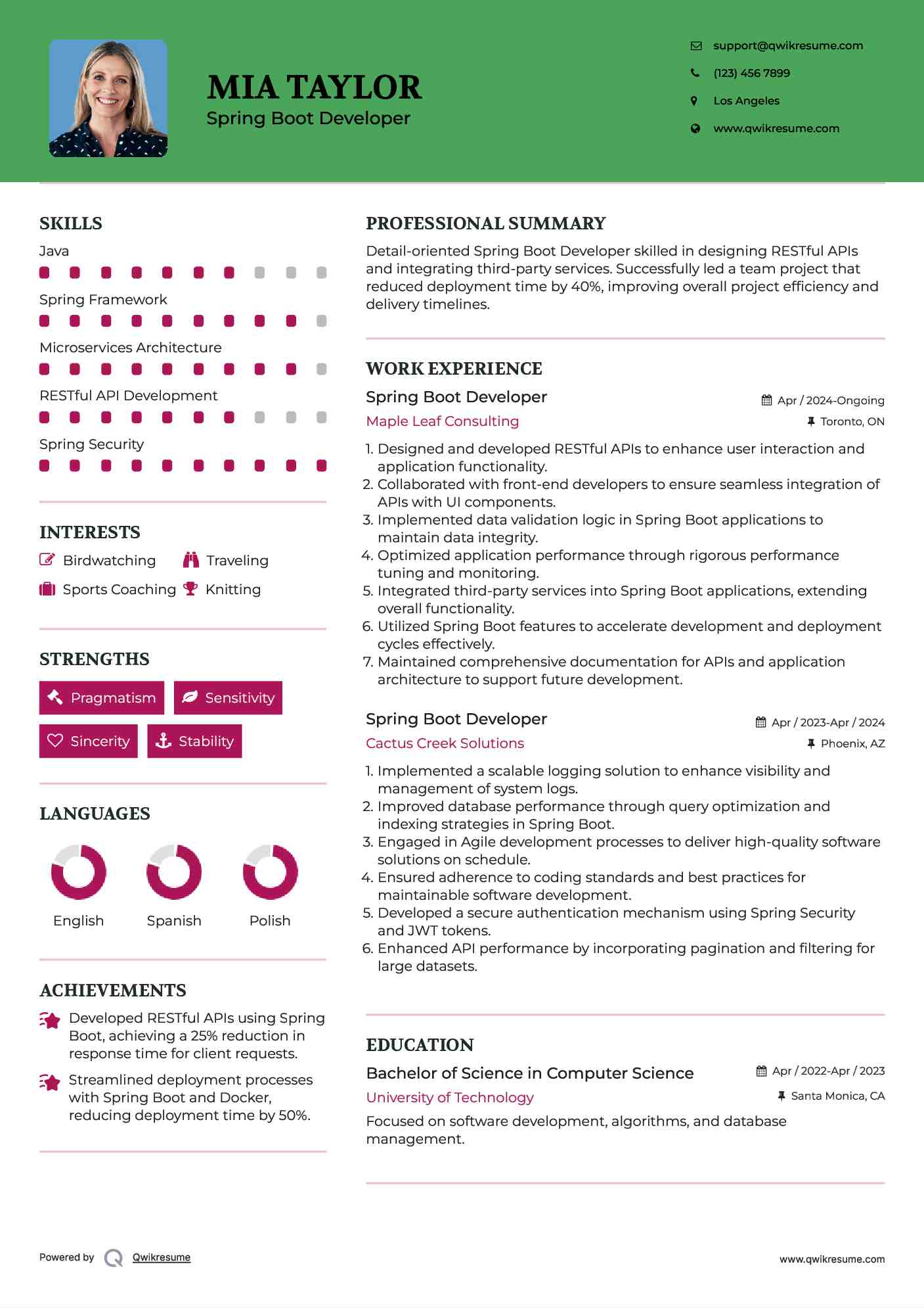 Spring Boot Developer Resume Example