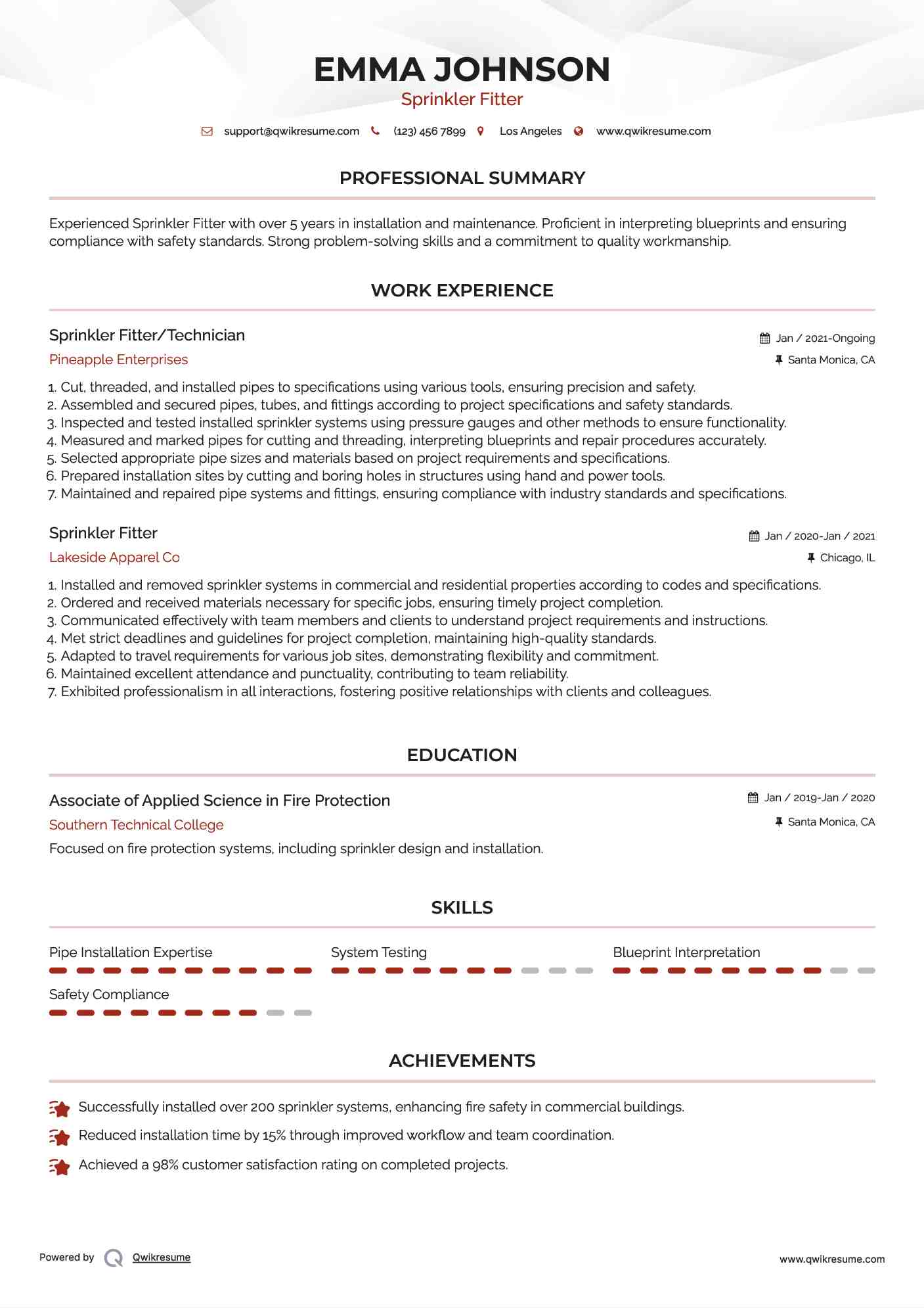 Sprinkler Fitter/Technician Resume Template