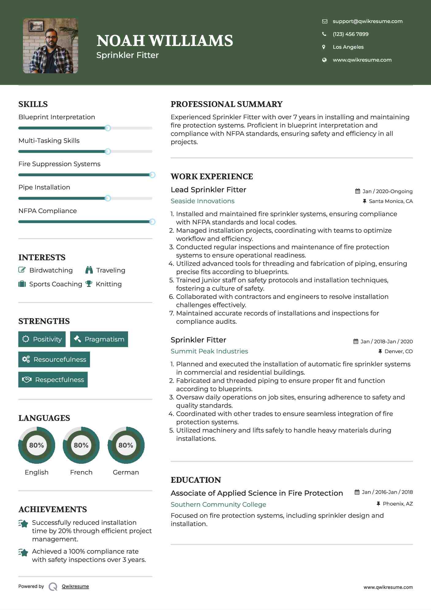 Lead Sprinkler Fitter Resume Sample