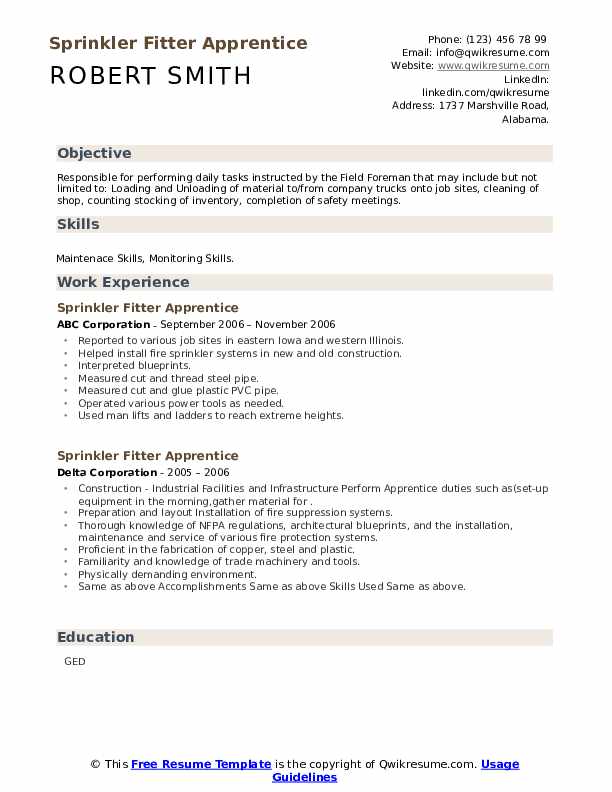 Sprinkler Fitter Apprentice Resume Samples QwikResume