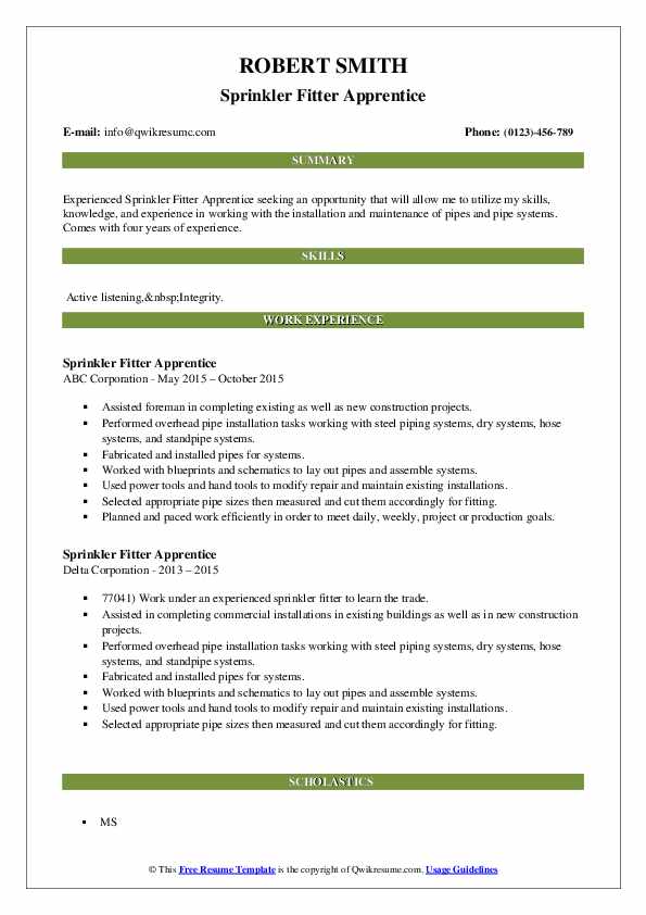 Sprinkler Fitter Apprentice Resume Samples QwikResume