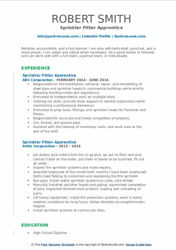Sprinkler Fitter Apprentice Resume Samples QwikResume
