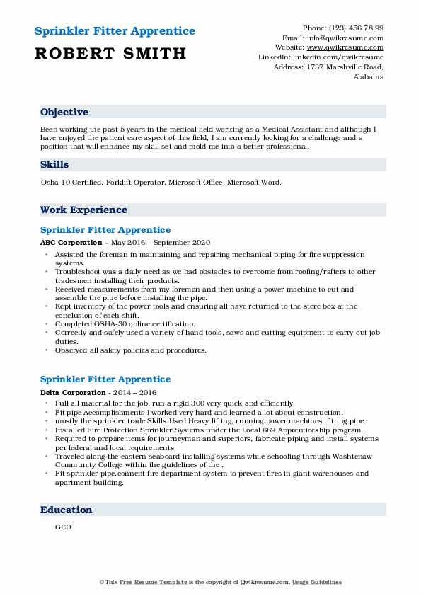 Sprinkler Fitter Apprentice Resume Samples QwikResume