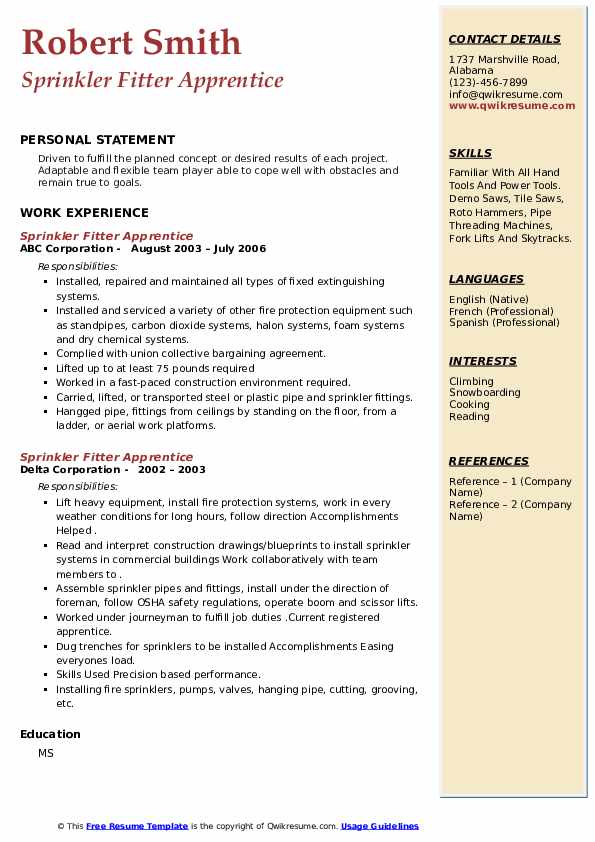 Sprinkler Fitter Apprentice Resume Samples QwikResume
