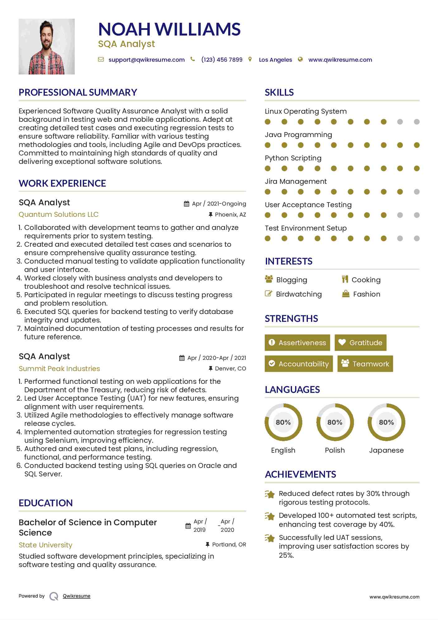 SQA Analyst Resume Template