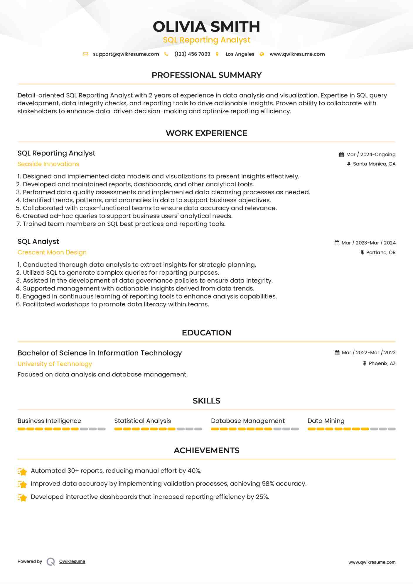 SQL Reporting Analyst Resume Format