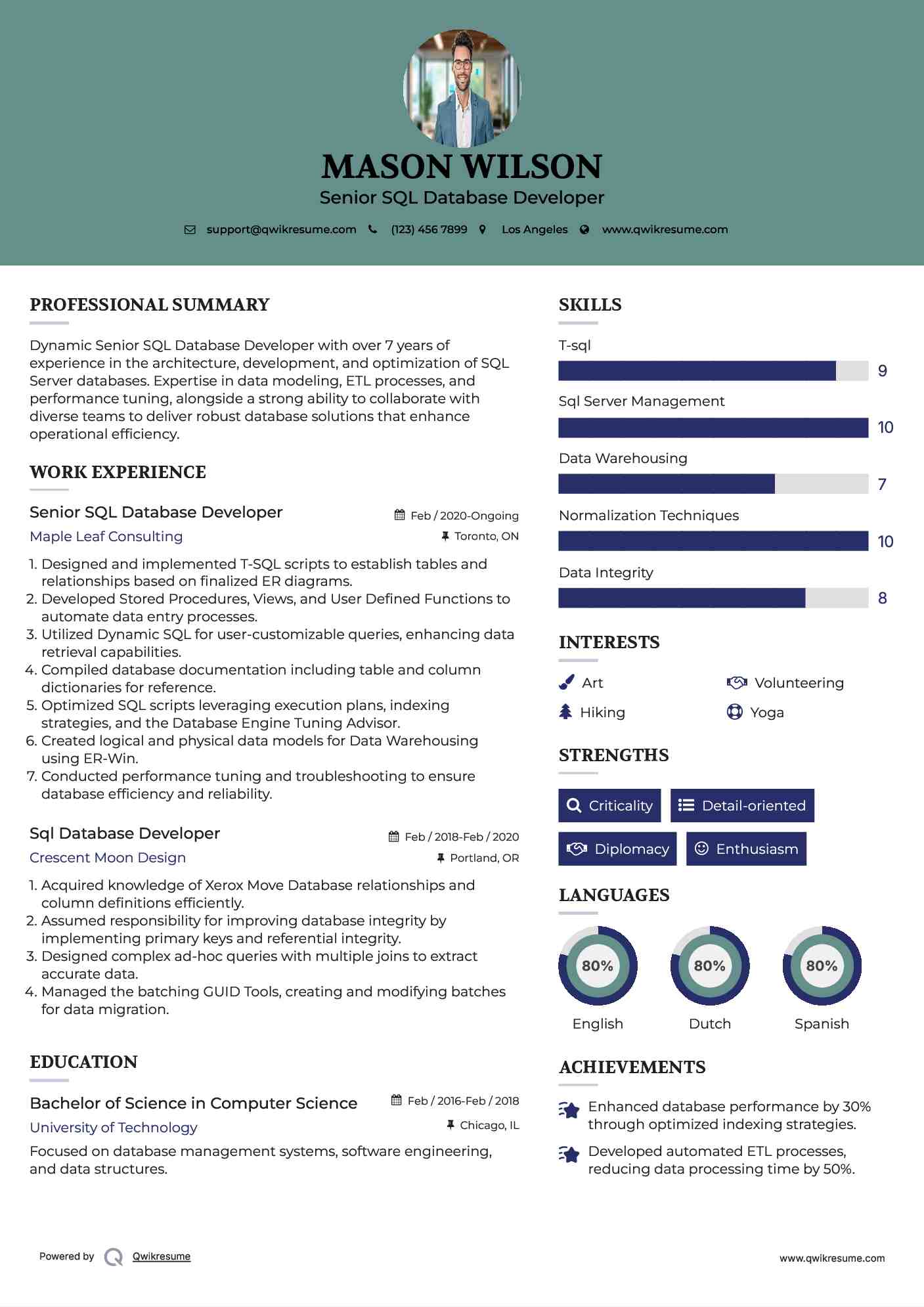 Senior SQL Database Developer Resume Example