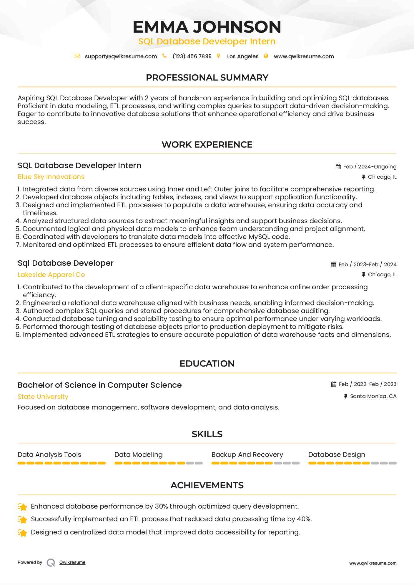 SQL Database Developer Intern Resume Template