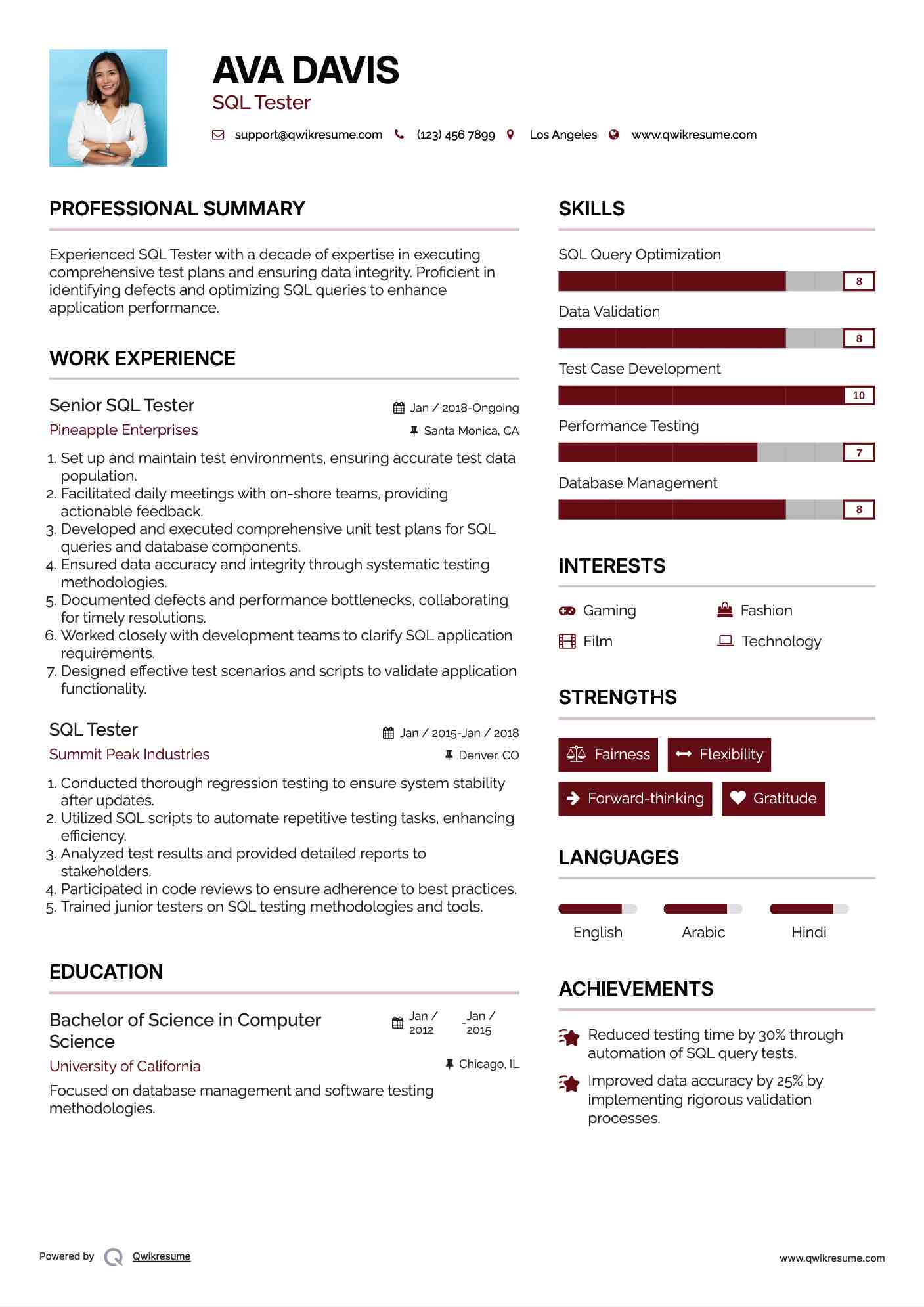 Senior SQL Tester Resume Model