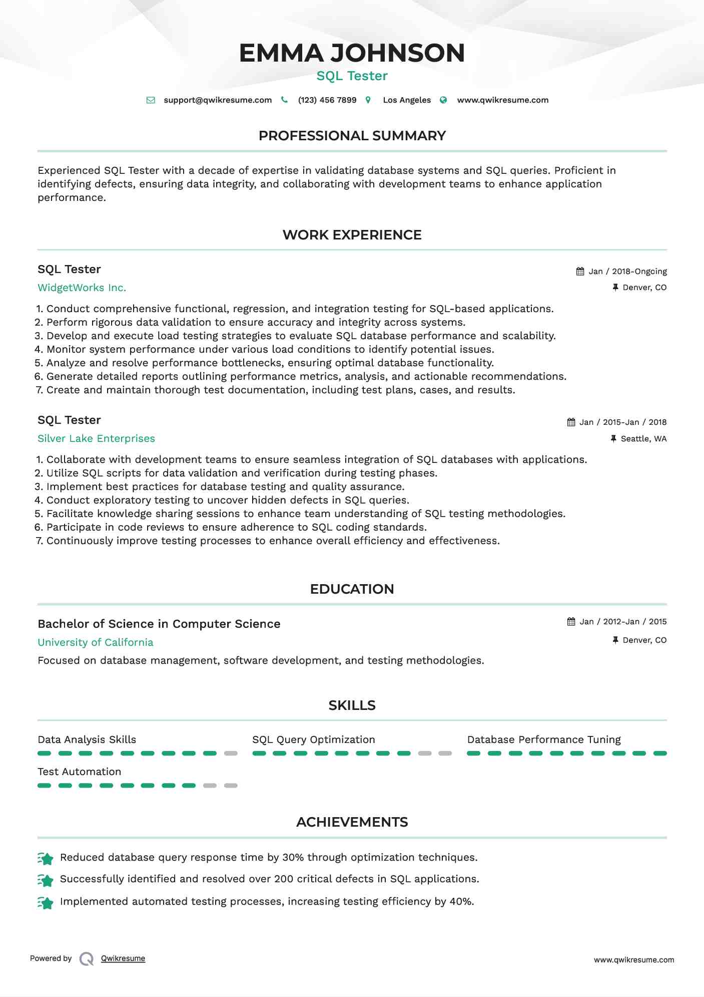 SQL Tester Resume Example