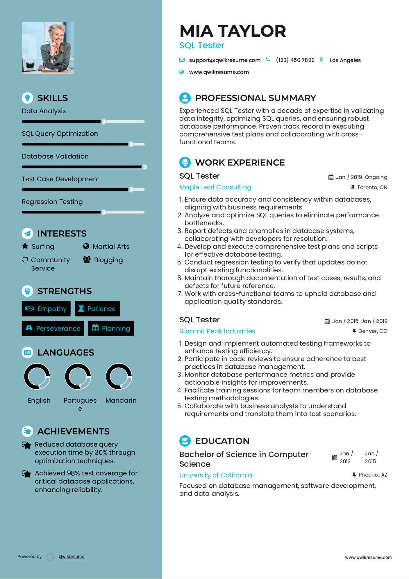 SQL Tester Resume Template
