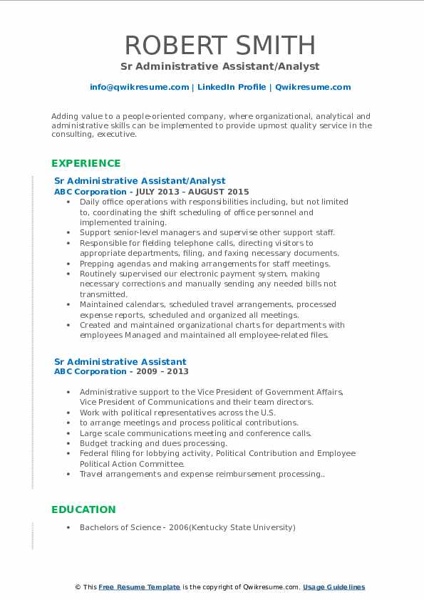 Sr Administrative Assistant Resume Samples | QwikResume