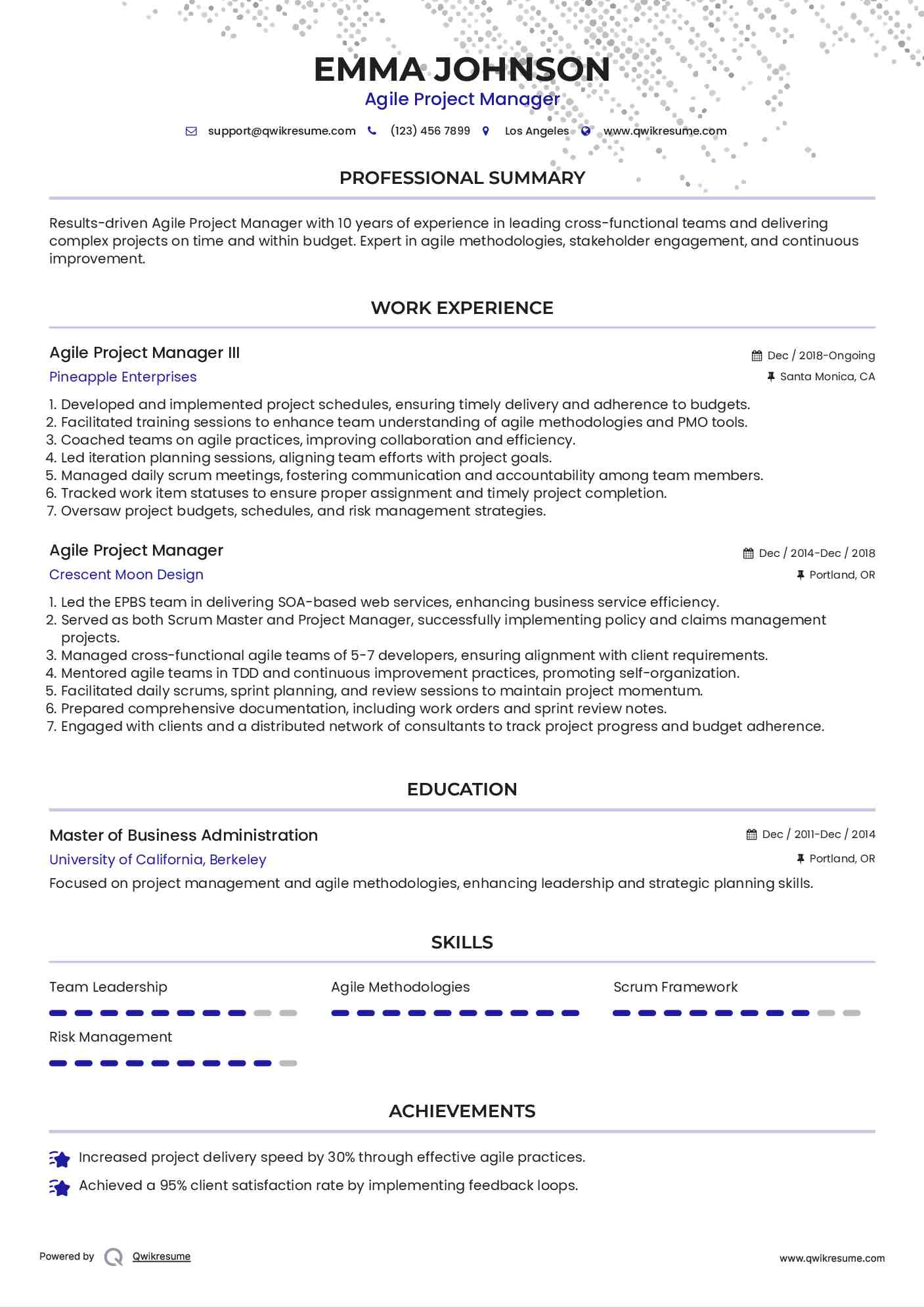 Agile Project Manager III Resume Example