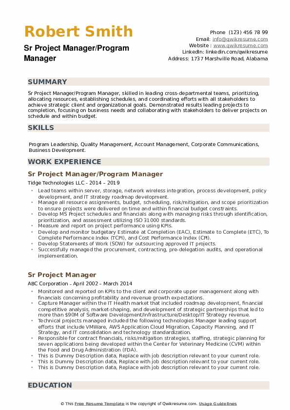 Sr Project Manager Resume Samples - Sr Project Manager 1573692902 Pdf 