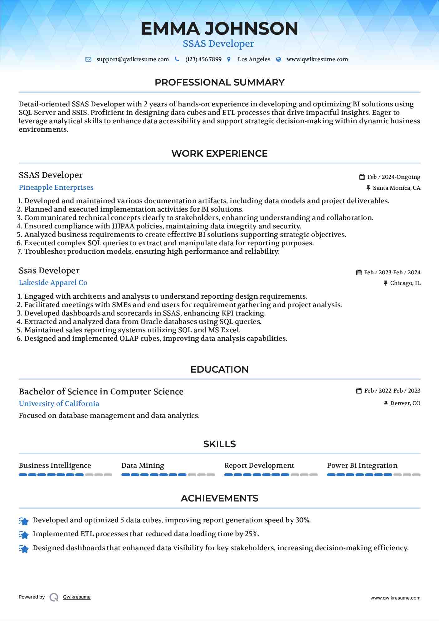 SSAS Developer  Resume Example