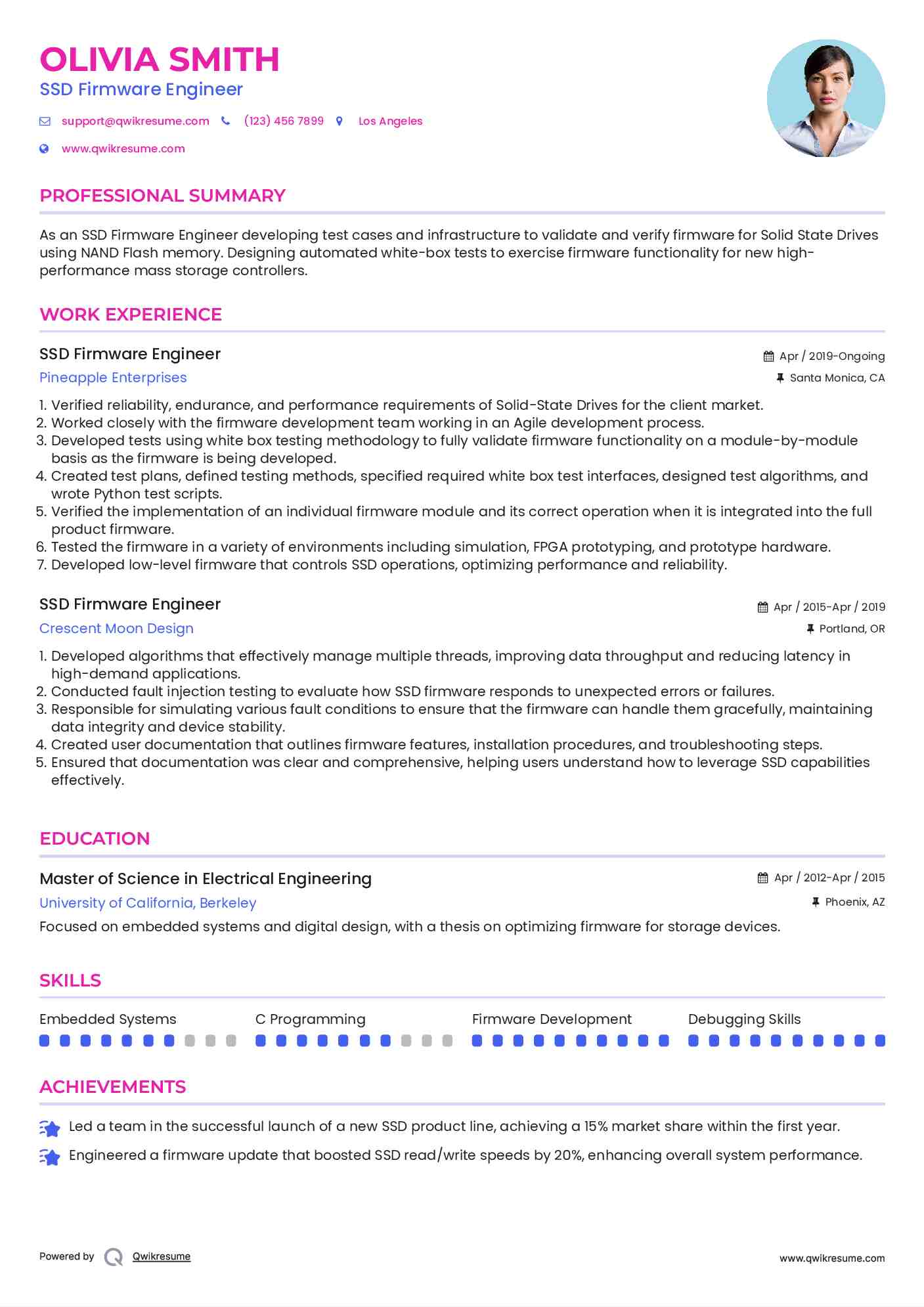 SSD Firmware Engineer Resume Sample