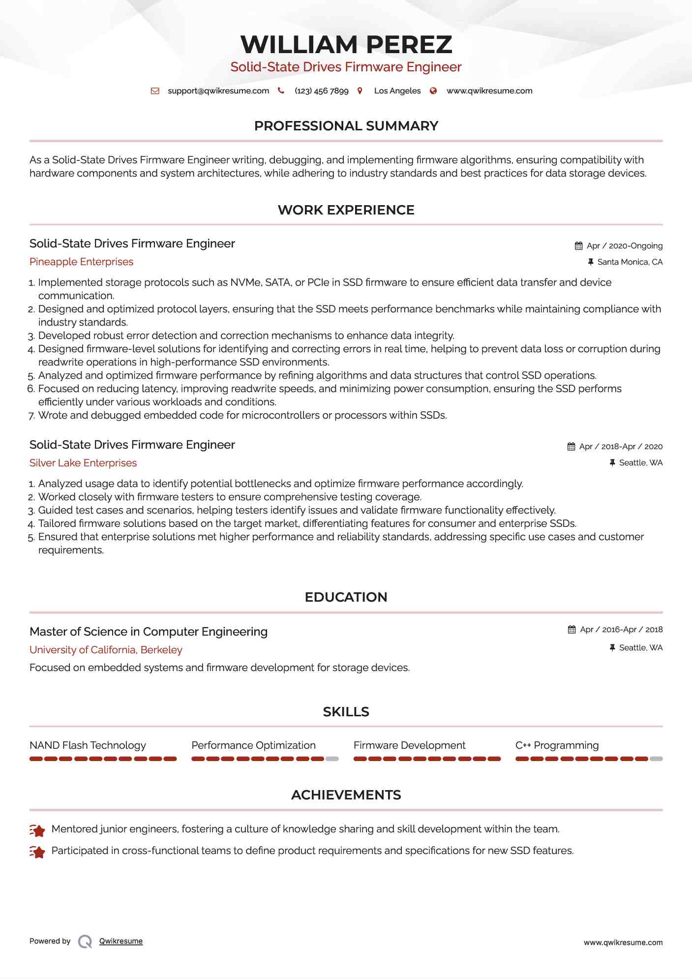  Solid-State Drives Firmware Engineer  Resume Sample