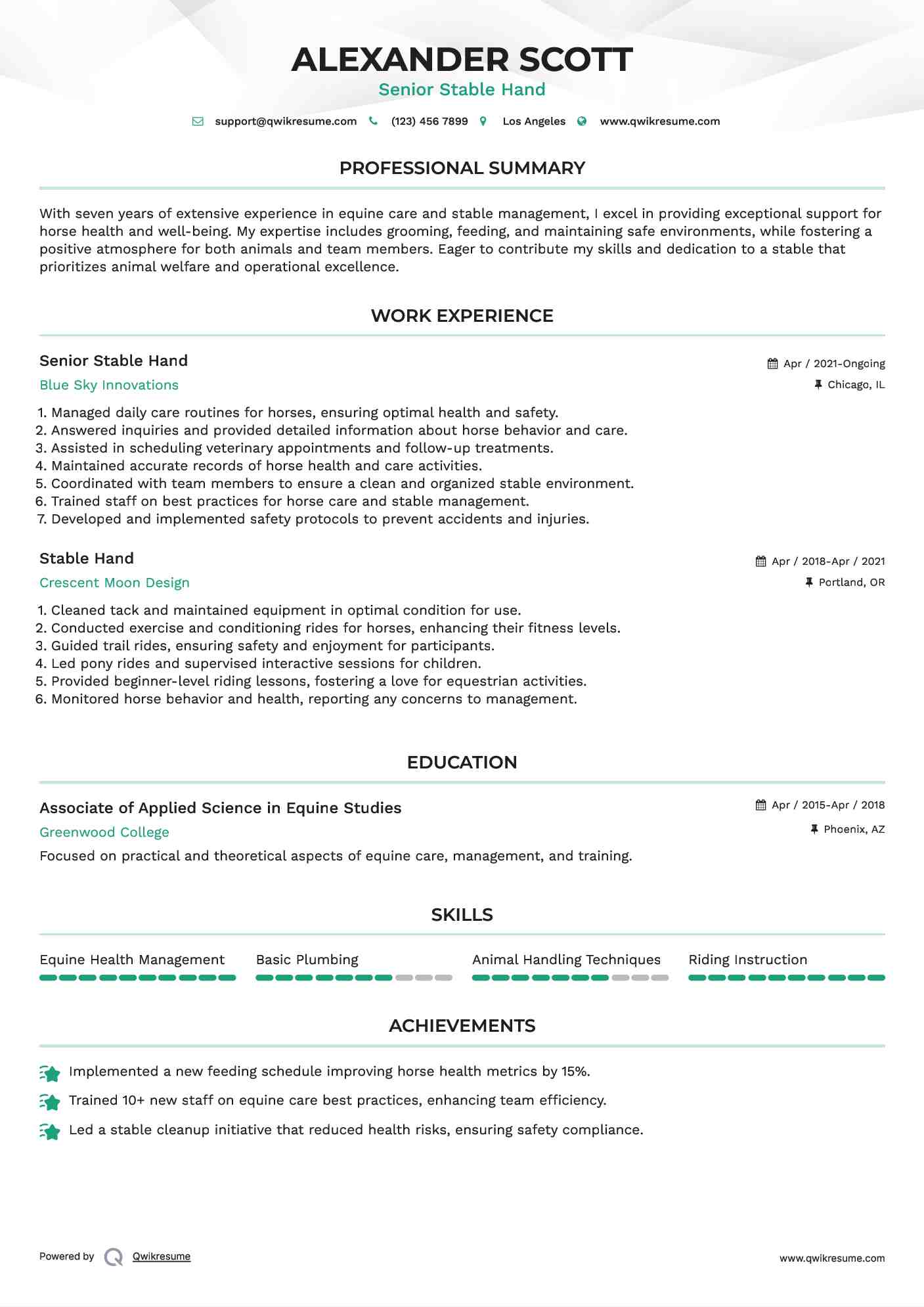 Senior Stable Hand Resume Sample