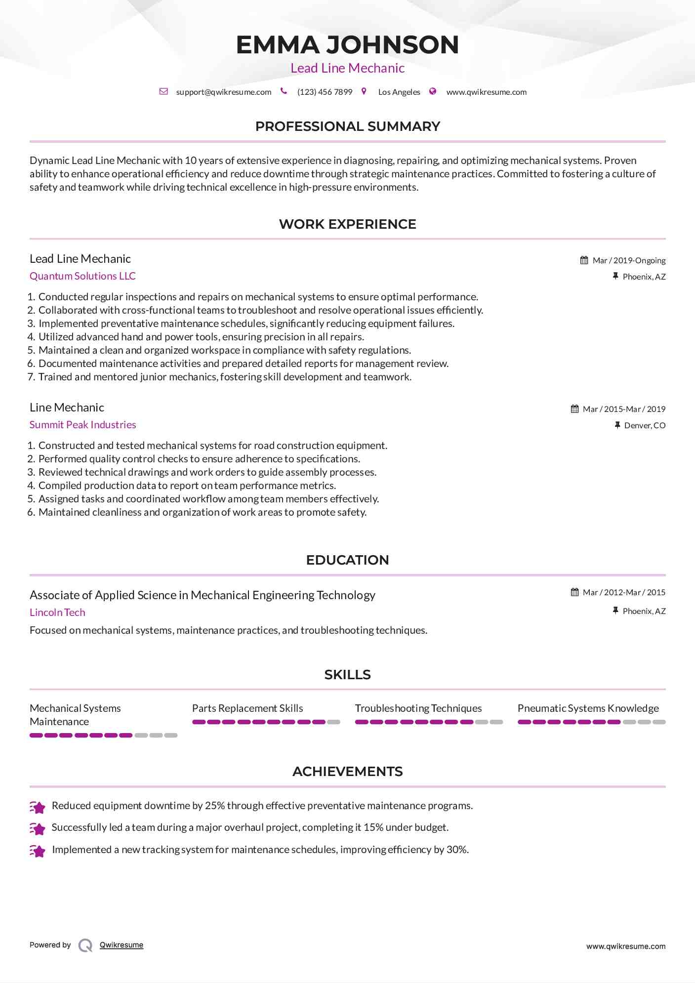 Lead Line Mechanic Resume Format