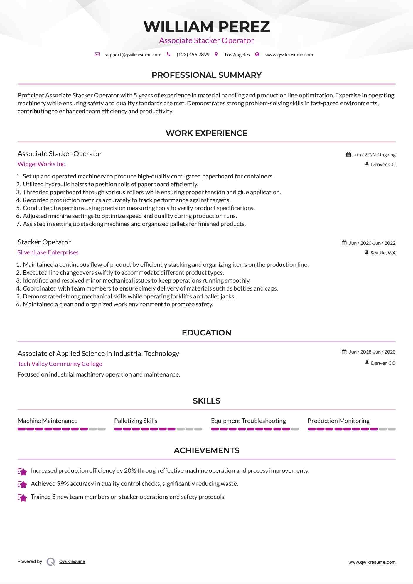 Associate Stacker Operator Resume Example